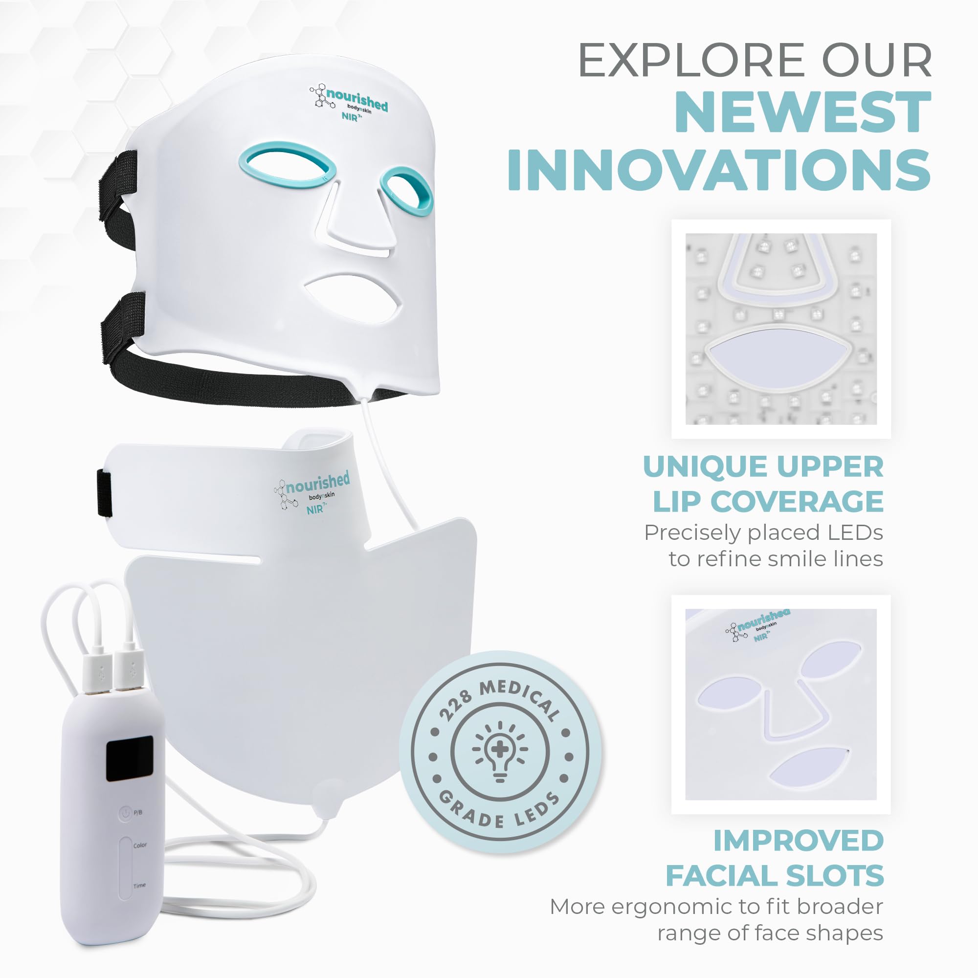 Nourished Bodynskin 7 Colors LED Face and Neck Mask with Near-Infrared, Blue, Red Light Therapy for Face, 228 LEDs - Image 3