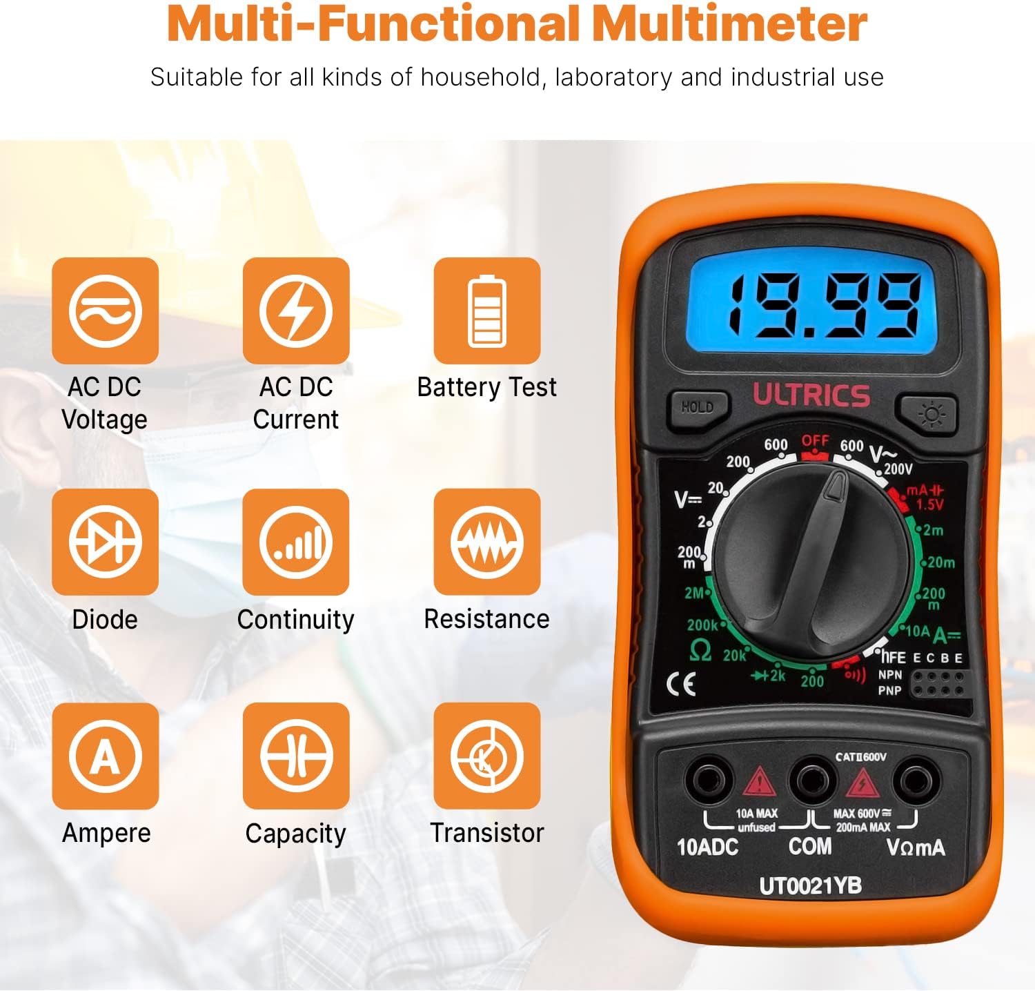 ULTRICS Digital Multimeter, Voltmeter Ammeter Ohmmeter Circuit Checker with Backlight LCD Test Leads, Portable Multi Tester Measures OHM AC DC Voltage Current Resistance Continuity Diodes Transistor