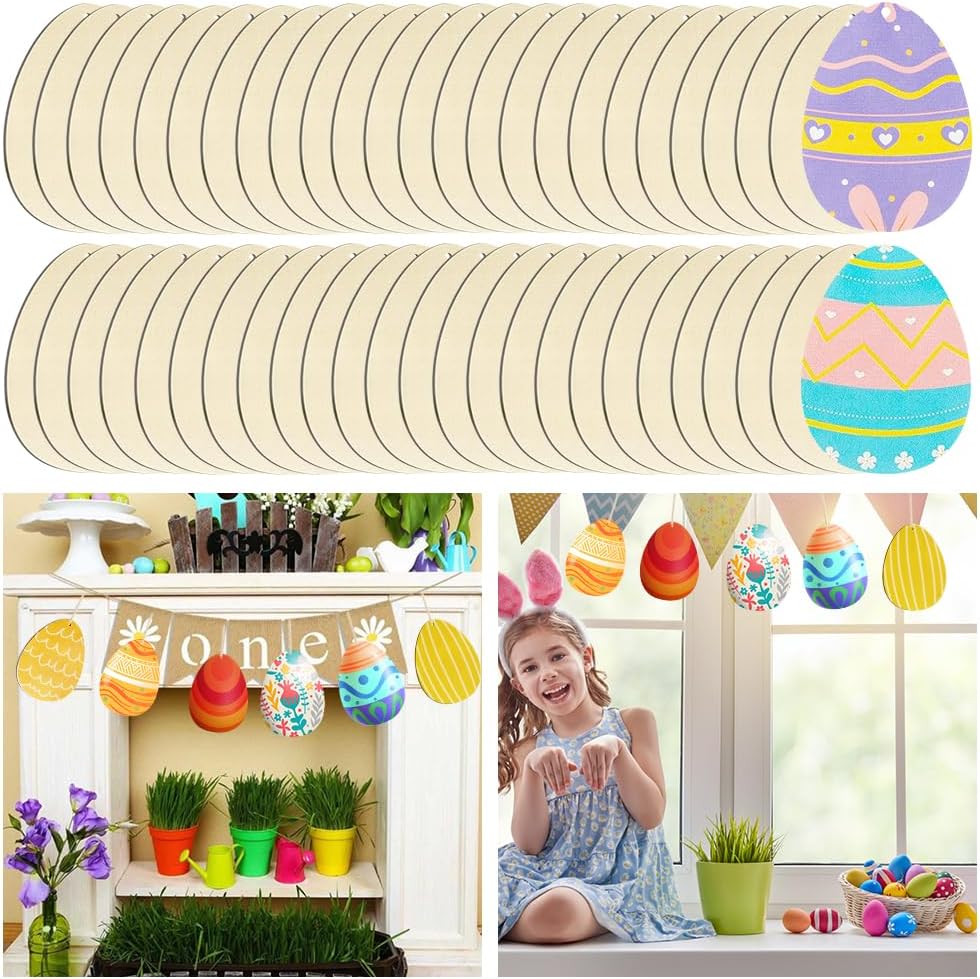 50 Pieces Large Size 7" Wooden Easter Egg Cutouts, Kuchisity Unfinished Wood Egg Slices Easter Wooden Egg Discs Blank Egg Cutouts Ornaments for Easter Crafts and DIY Hanging Decorations