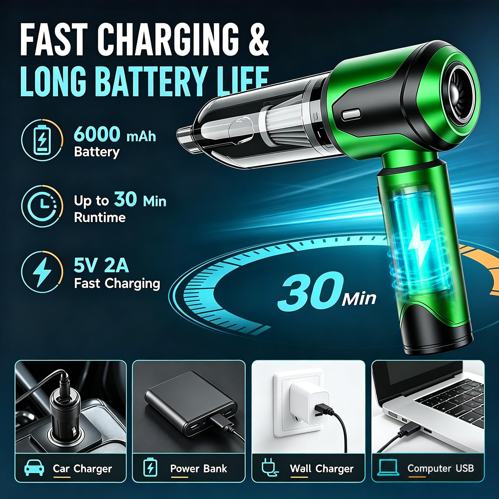 Handheld Vacuum Cleaner Car Cordless, 26000Pa 4-in-1 Powerful Car Vacuum Cleaner, Portable Mini Vacuum Air Duster, 3 Speed Vacuum for Car, Home, Pet Hair, Green