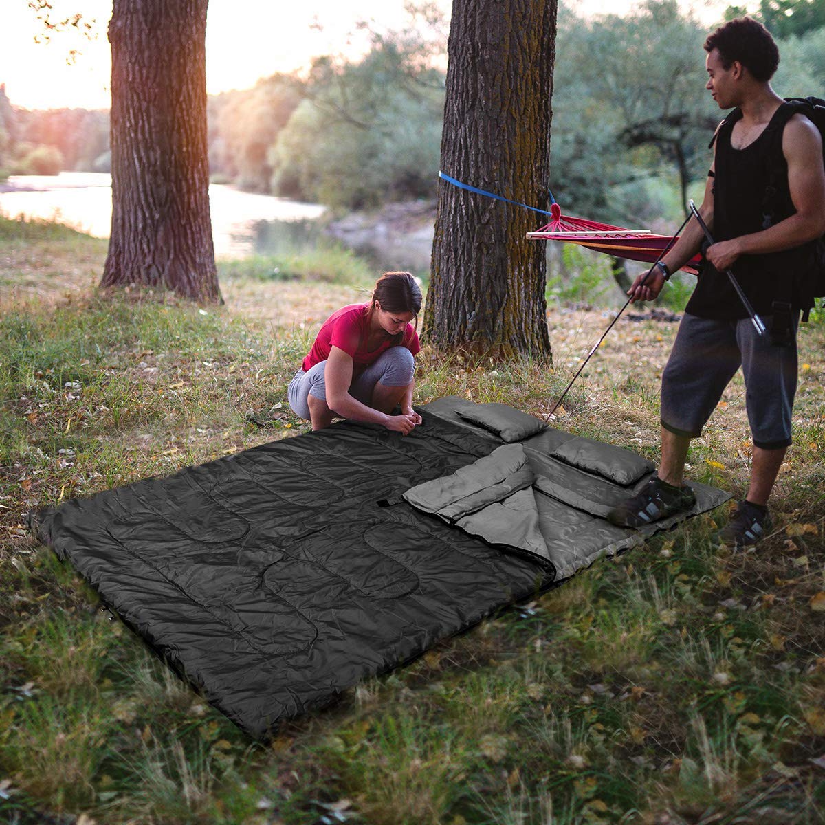 COSTWAY Podwójny śpiwór 2 w 1, rozmiar XL, śpiwór dla 2 osób, 2 poduszki, 220 x 150 cm, na kemping, wędrówki, aktywności na świeżym powietrzu