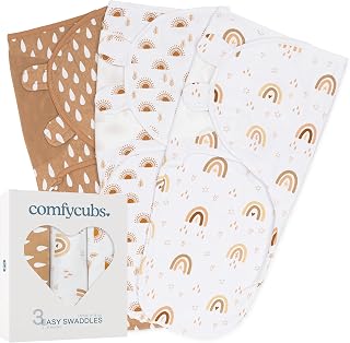 Comfy Cubs Easy Swaddle Blanket, 3 Pack - 100% Cotton Newborn Wrap, Large for 3-6 Months Infants, with Adjustable Velcro, Breathable and Durable Sleep Sack for Babies - Rainbow Bohemian