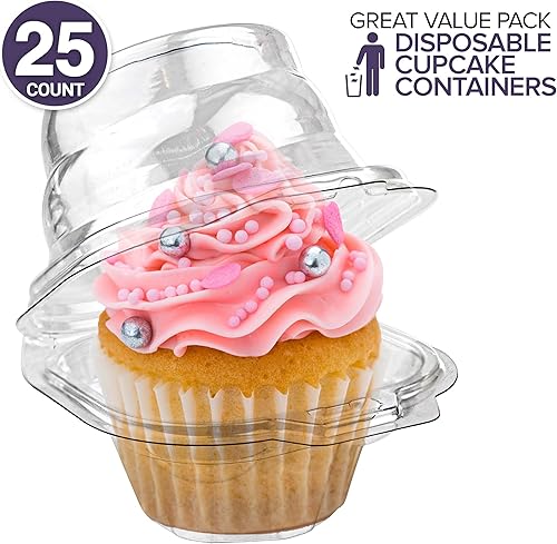 Vista 2 de Stock Your Home Recipientes individuales de plástico desechables con tapa hermética conectada (25 unidades) recipiente transparente para cupcakes
