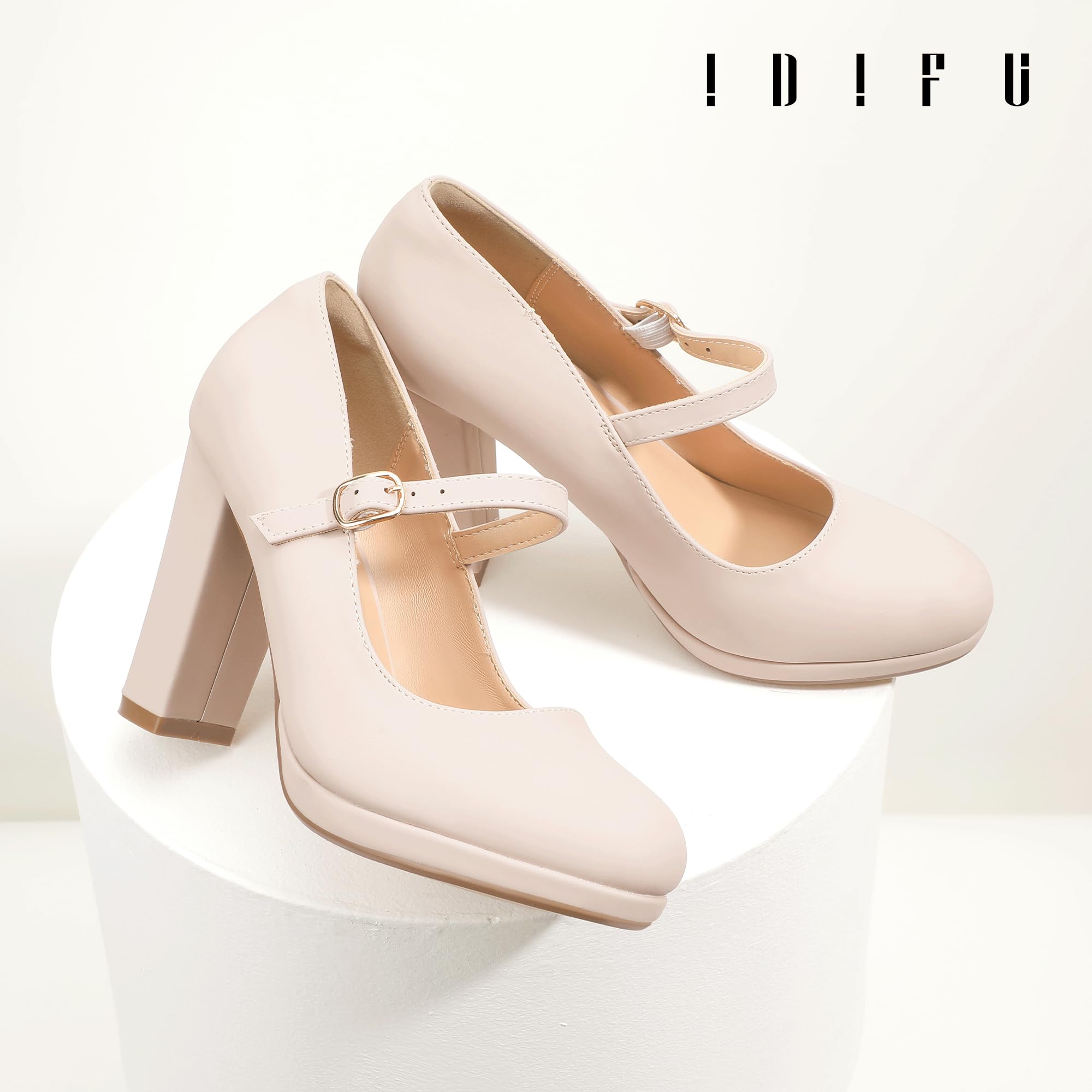 IDIFU IN4 Mary Jane Shoes Closed Toe Heels Platform High Chunky Block Heels Women's Pumps Comfortable Dress Shoes for Women Wedding Bridal Work Fashion Round Toe Pumps Shoes: 9.5 Nude Nubuck