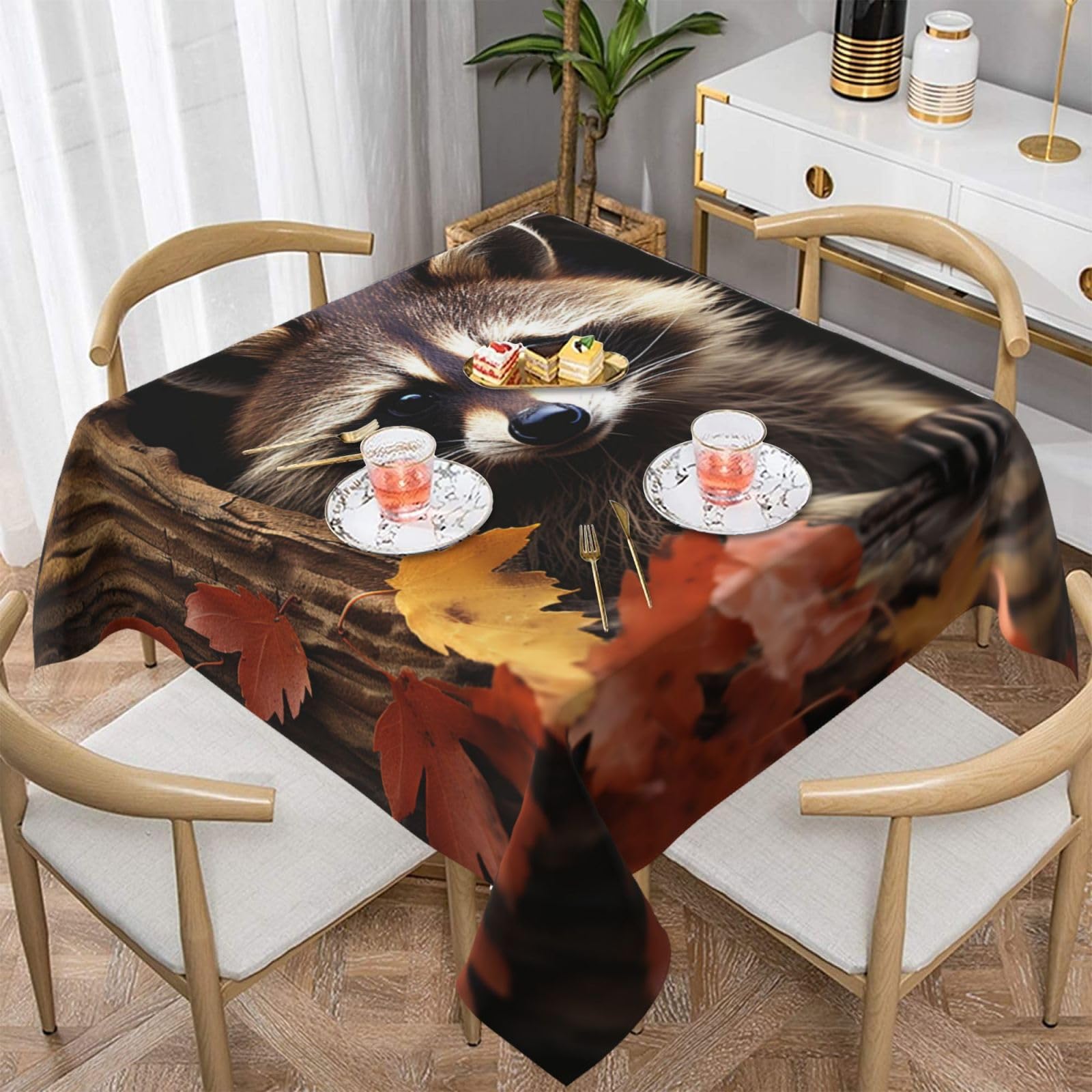 Nappe carrée raton laveur d'automne 152x152 cm imperméable et lavable pour table de cuisine