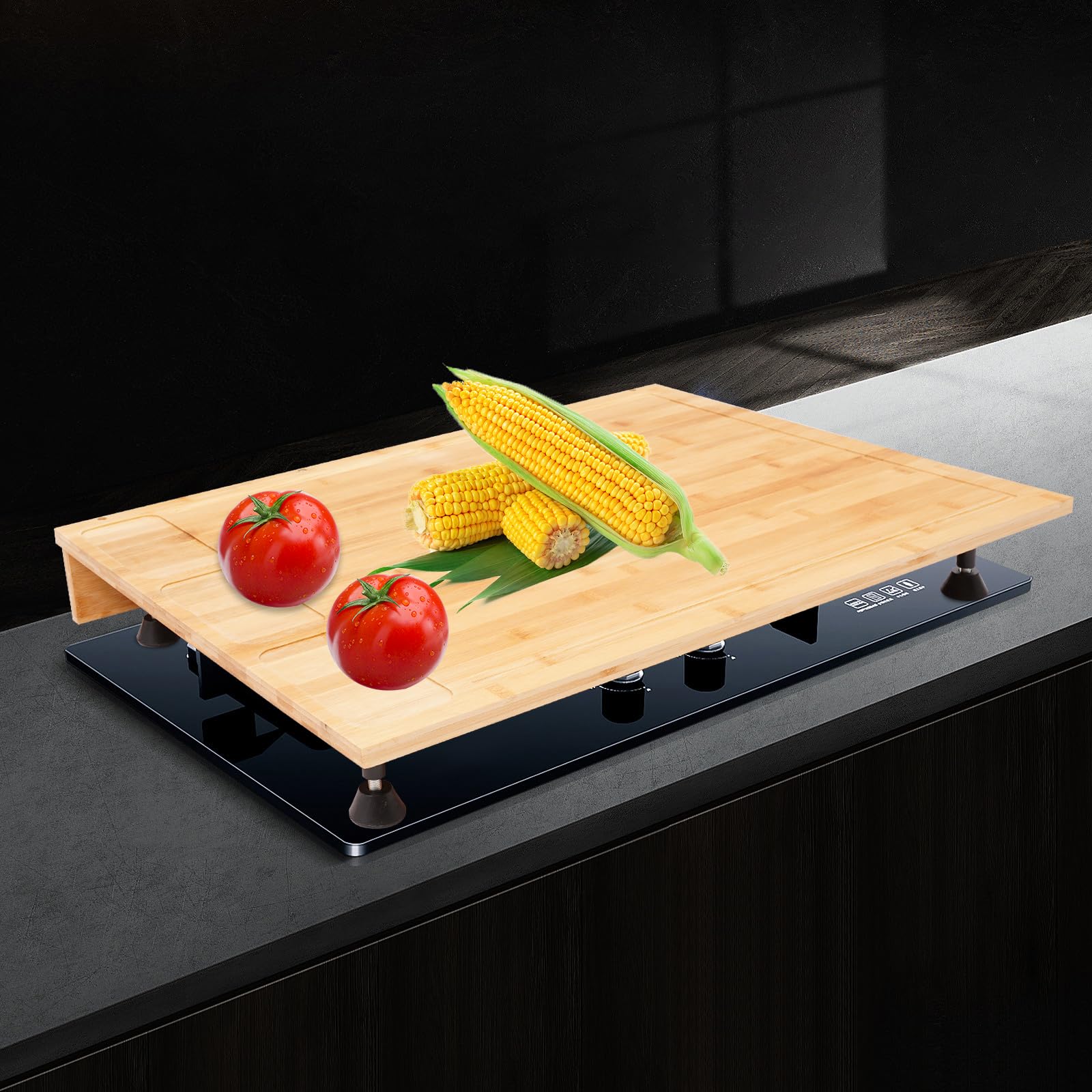 Tabla de cortar de bambú, 75 x 54 x 10 cm, encimera de cocina con ranuras de doble función y pies extraíbles, cubierta rectangular como tabla de cortar