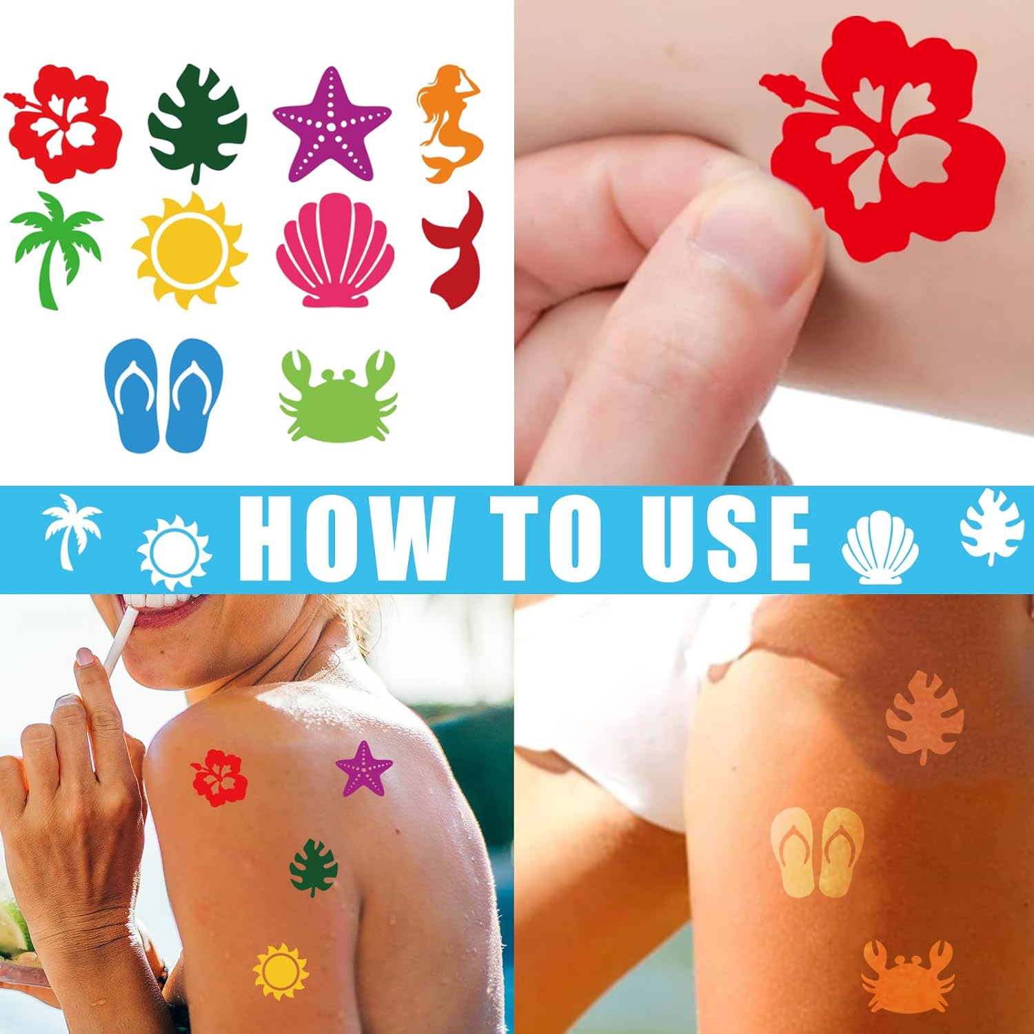 Whaline 500Pcs Sea Beach Tanning Sunbathing Stickers Starfish Sun Palm Hibiscus Self Adhesive Body Decals for Summer Hawaiian Tropical Luau Salon Party Supplies