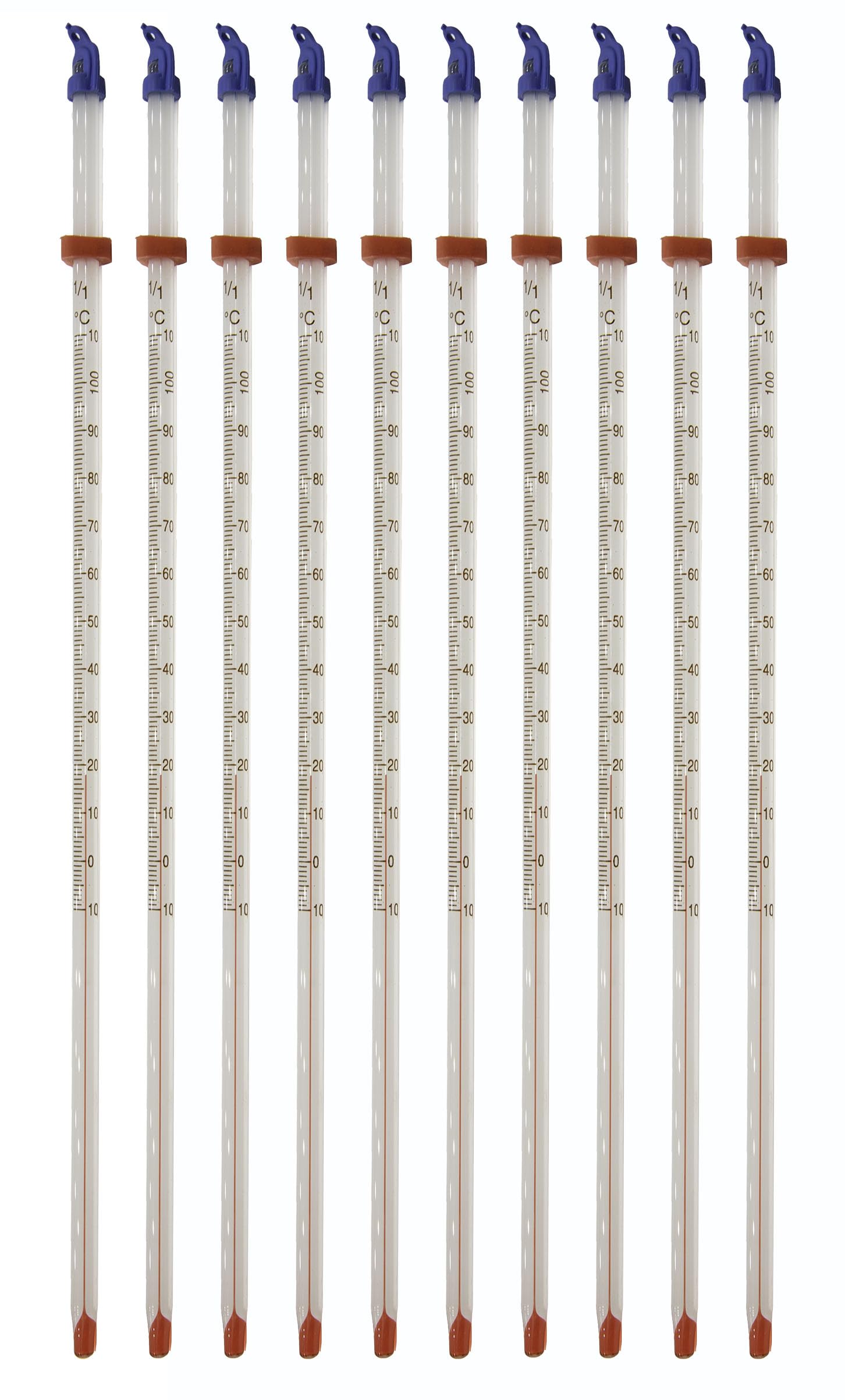 GSC International #6405-10 Glass Thermometer Laboratory Red Alcohol Filled, Graduated -10 to 110C, White Back, Partial Immersion. Pack 10.