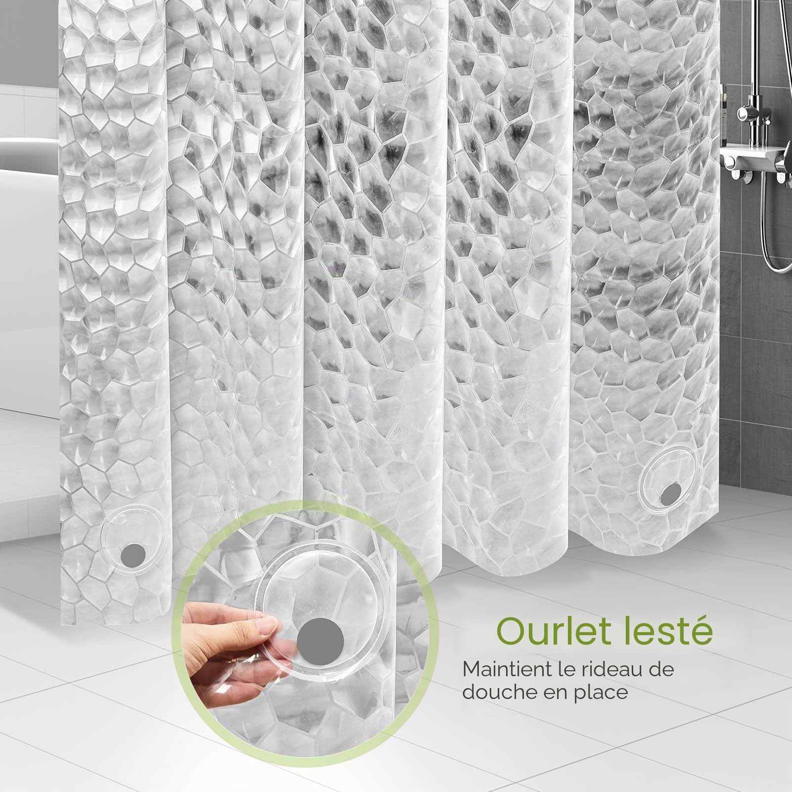 Rideau de Douche 120 x 200cm, 3D Semi Transparent EVA Anti Moisissure Imperméable avec 8 Anneaux