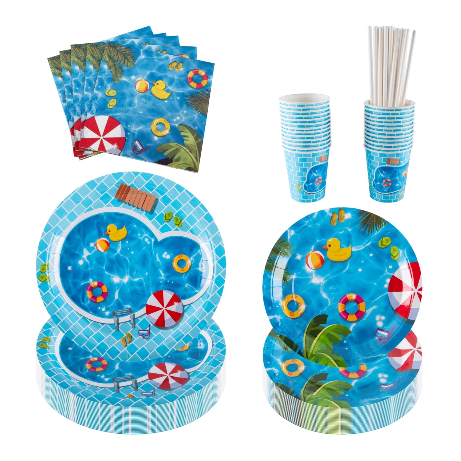 PHUNAT Summer Pool Themed Party Plates Cups and Napkins Set for 25 Guests, Includes Paper Plates (7 & 9 inch), Cups, Napkins, Straws, Ideal for Summer Party, Birthday, Beach Themed Party