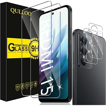 QULLOO Screen Protector for Xiaomi Redmi 15 4G / 5G for Tempered Glass Pack of 2 Screen Protectors with 2 Camera Protection 9H Hardness Tempered Glass HD Clear Protective Glass Anti-Scratch Film