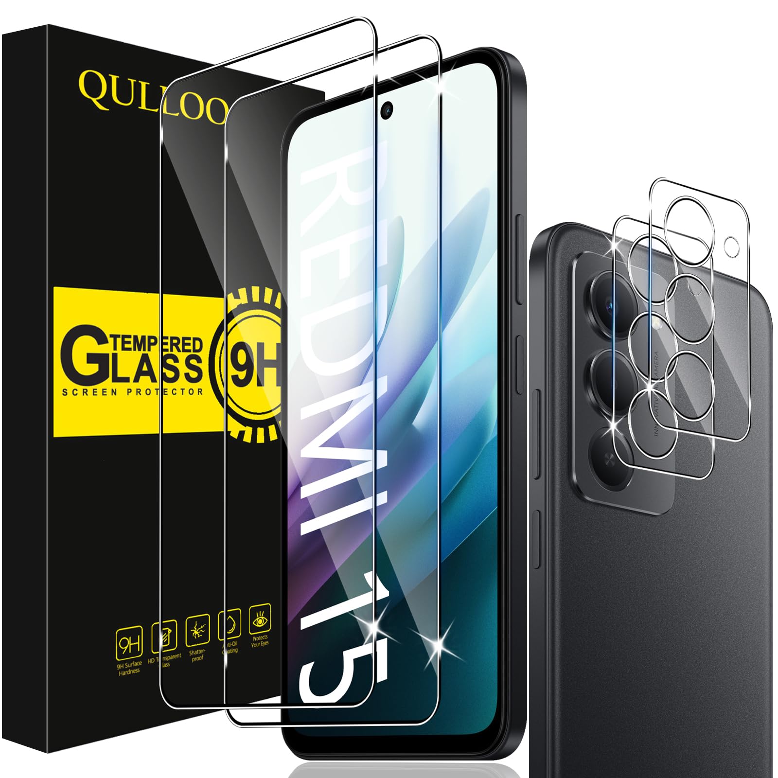QULLOO Szkło hartowane do Xiaomi Redmi 15 4G / 5G, 2 sztuki szkła ochronnego i 2 sztuki folii na aparat, twardość 9H Anti Scratch HD, przezroczysta osłona ekranu