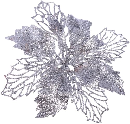 ARTIBETTER 12 piezas de flores artificiales de Navidad, flores artificiales con purpurina de flores de pascua, flores falsas, palitos de flores,