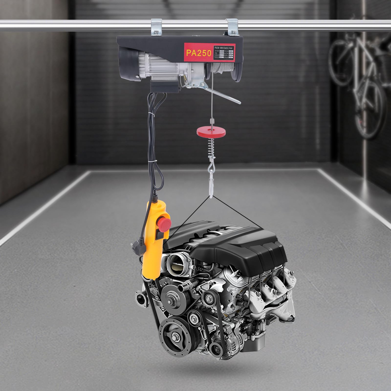 POLIPASTO ELÉCTRICO 250 kg Mando a distancia con cable - Motor de Aluminio de Alto Rendimiento, Altura 18m para Garaje, Taller y Almacén (IP40, Seguridad Industrial)