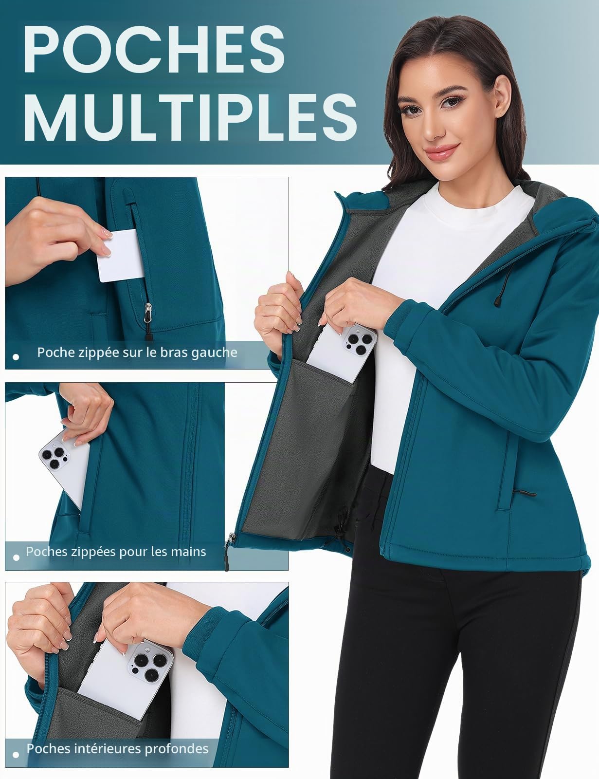 Vancavoo Veste Softshell Femme Courte Déperlante avec Doublure Polaire | Veste Légère à Capuche Fixe, Polaire et Poches Zippées pour Randonnée, Vélo et Quotidien L'automne