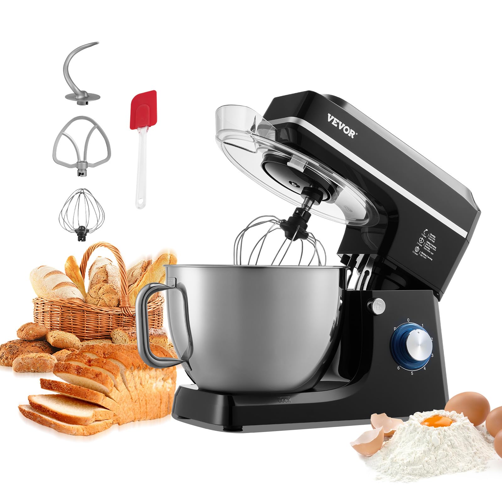 VEVOR Robot pâtissier domestique 1400 W, batteur sur socle 7,​84 L, mixeur à pâte avec 6+​P vitesses, tête inclinable, avec bol en acier inox, crochet, fouet, batteur plat, grattoir, pour cuisson, noir