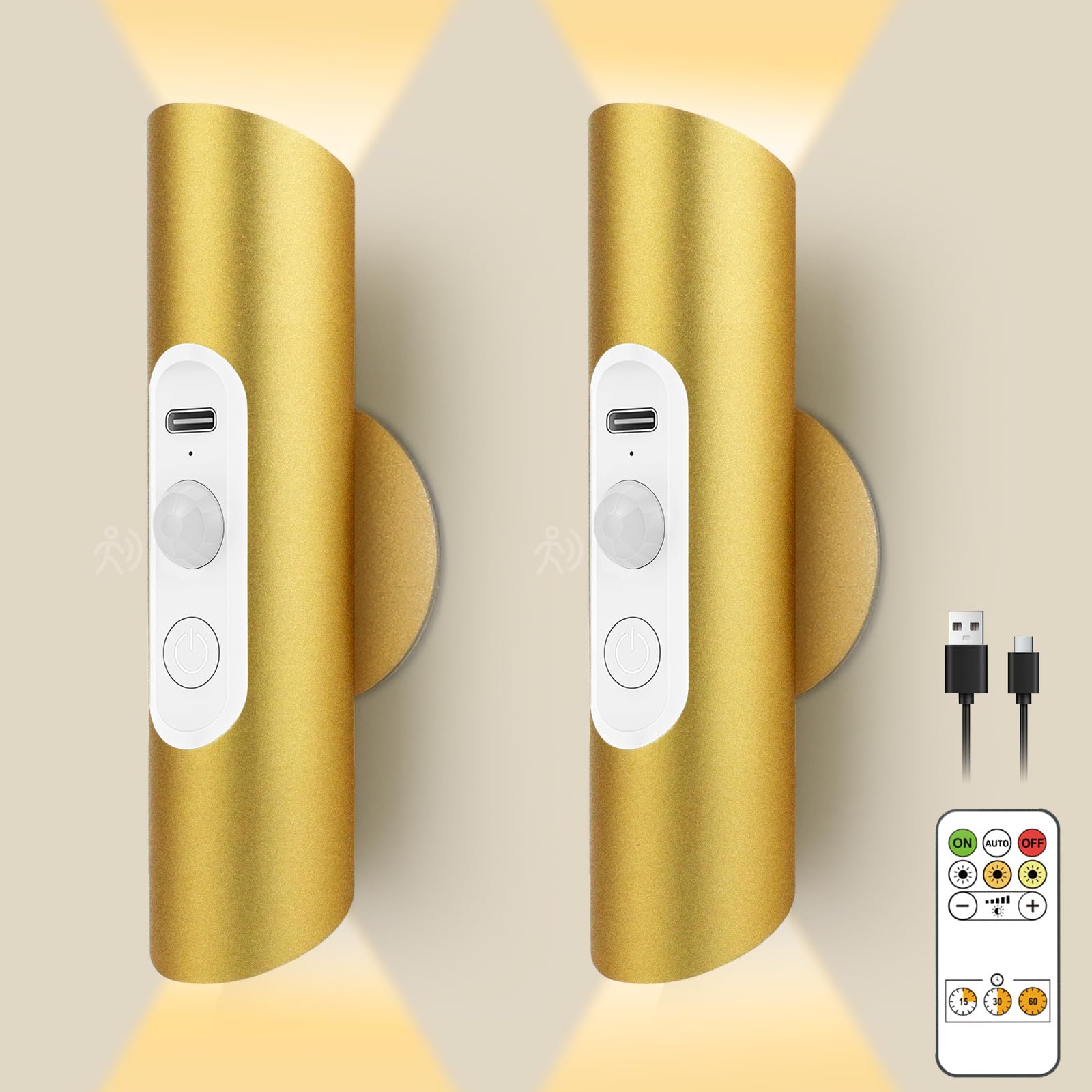 Lacasa Rechargeable Wall Lights Set of 2, Battery Operated Wireless Motion Sensor LED Wall Sconces with Remote Control, Dimmable 3 Colour Modes for Bedroom, Hallway, Stairs, Gold