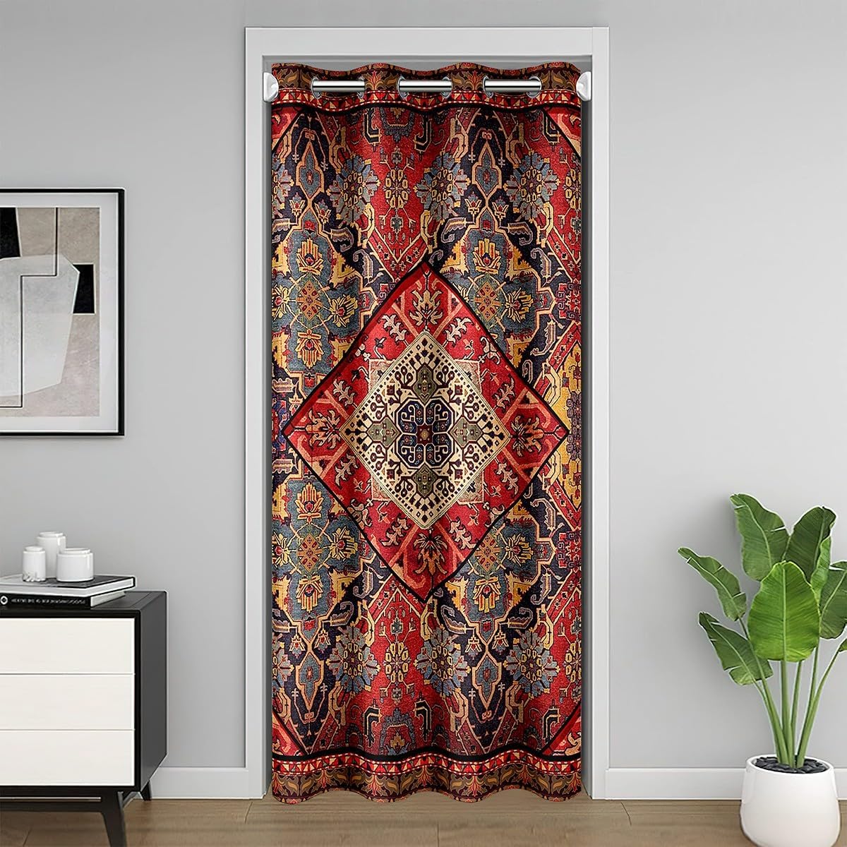 Boho Floral Door Curtain, Retro Flower Grid Blackout Curtain, Tribal Fashion Bohemian Red Green Lacy Doorway Curtain, Kids Vintage Antique Lattice Damask Paisley Door Drape, 1 Panel, 42" W X 80" L