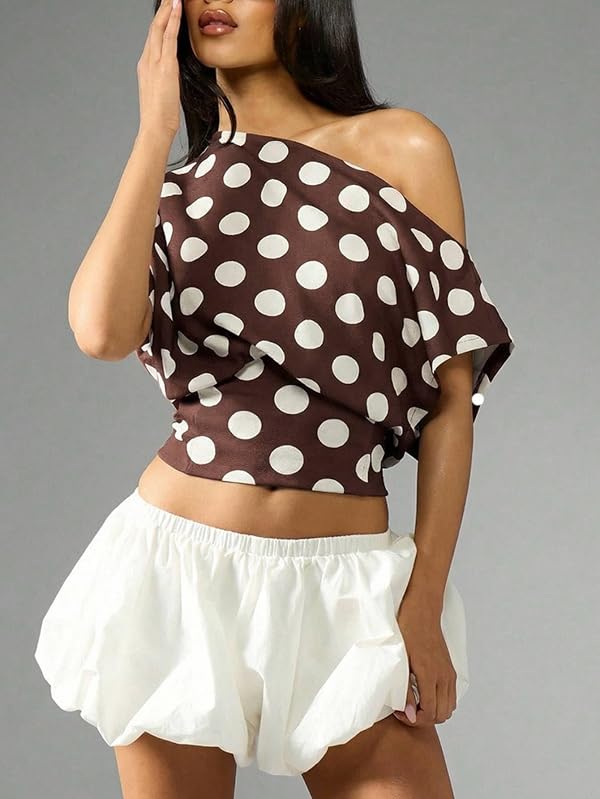 Floerns Women's Polka Dots Off Shoulder Crop Top Short Dolman Sleeveless Elegant Blouses Brown Large by Floerns - Image 2