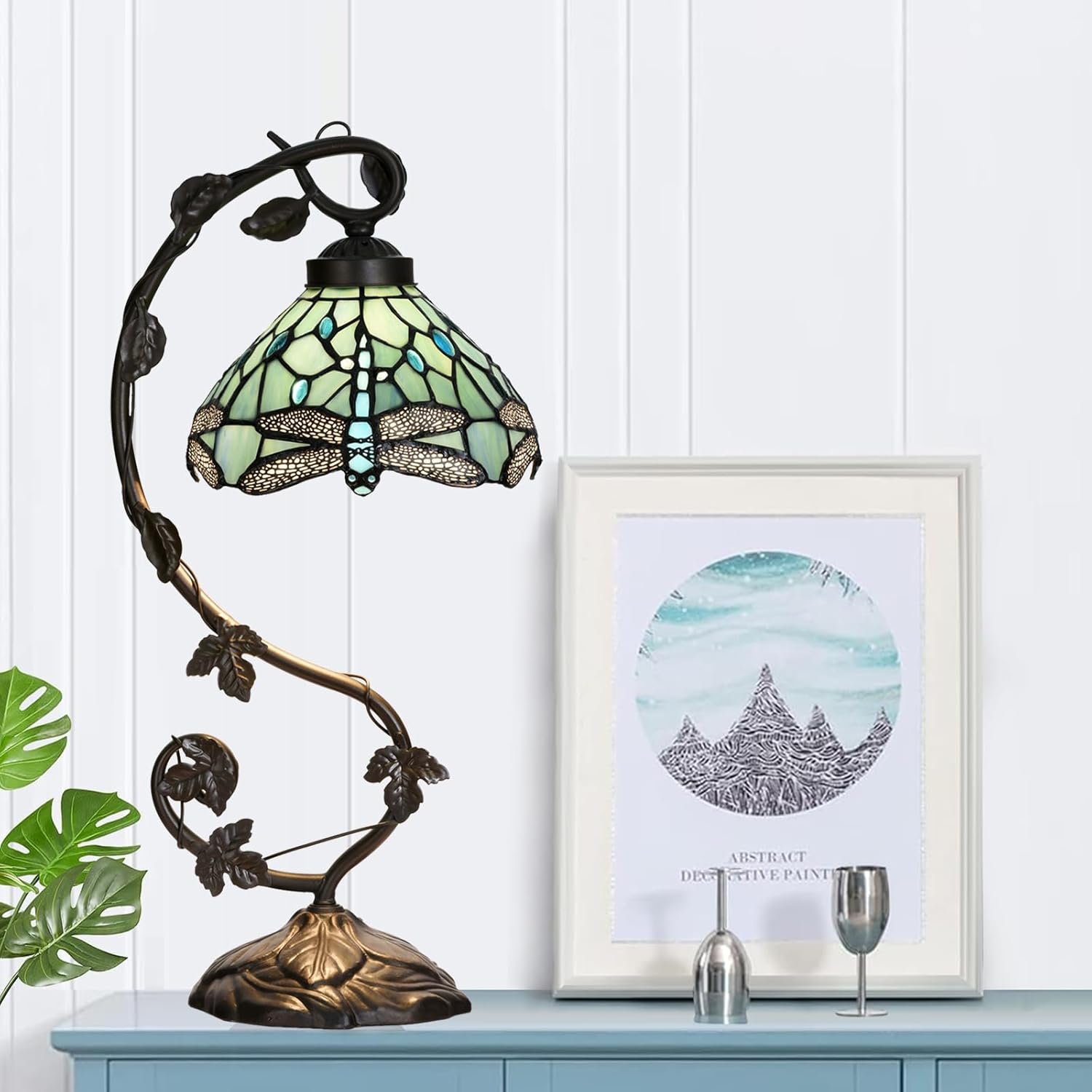 TL0024 Tiffany Style Lamp Sea Blue Dragonfly Stained Glass Lampshade & Vine Design Table Lamp Base for Bedroom Living Room, W 10 X H 20.5 Inches Overall, LED Bulb Included (Dragonfly)