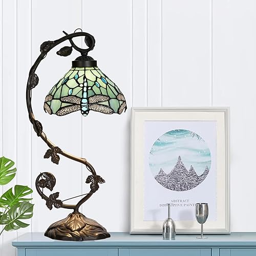 Miniatura 7 de TL0024 Lámpara estilo Tiffany con diseño de libélula azul mar, pantalla de vitral y diseño de vid para dormitorio, sala de estar, 10 pulgadas de