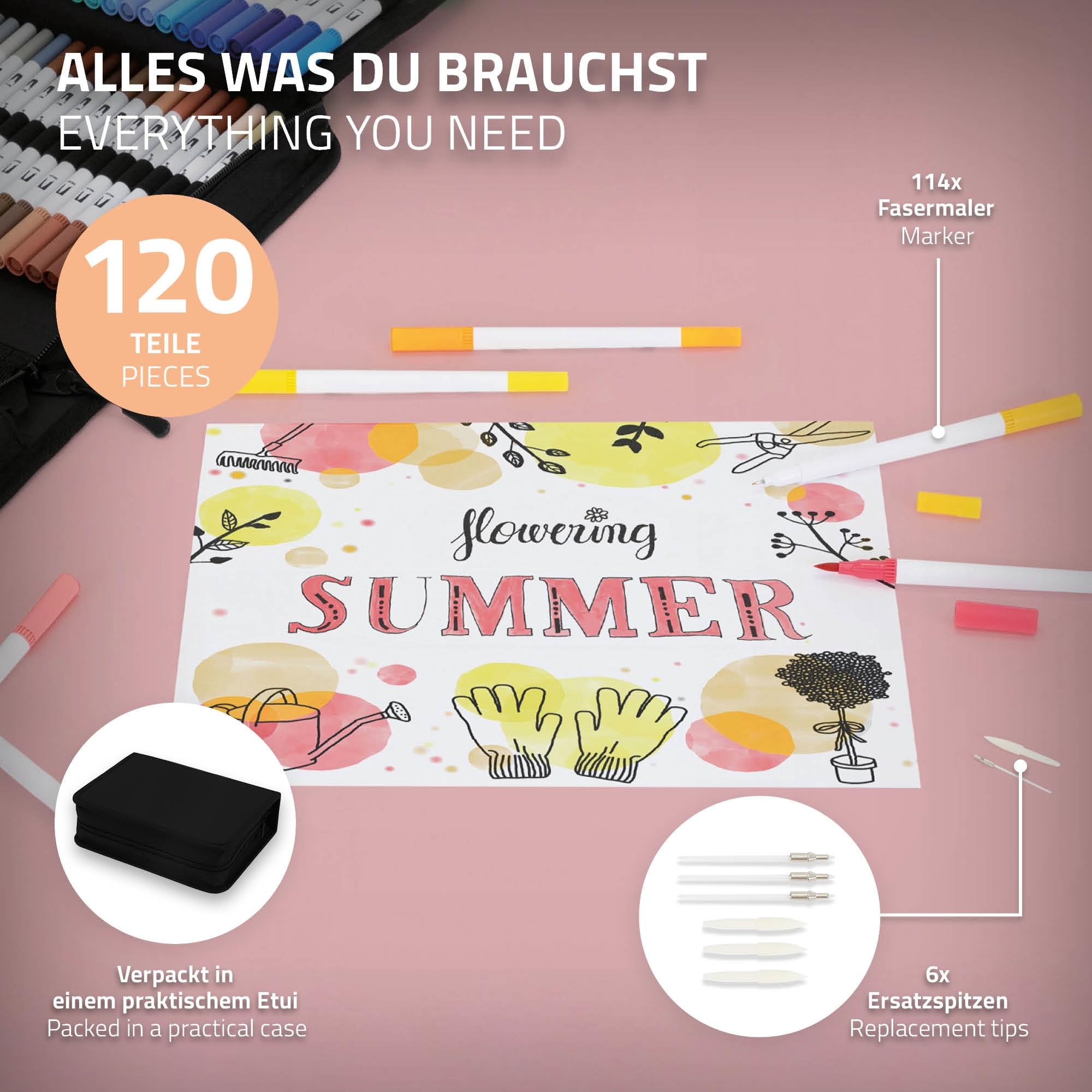 ECD Germany Juego de 120 Rotuladores Finos y Gruesos para Niños y Adultos Doble Pincel con Base de Agua para Caligrafía y Manga Set de Dibujo y Pintura Profesional en Estuche portátil con Cremallera