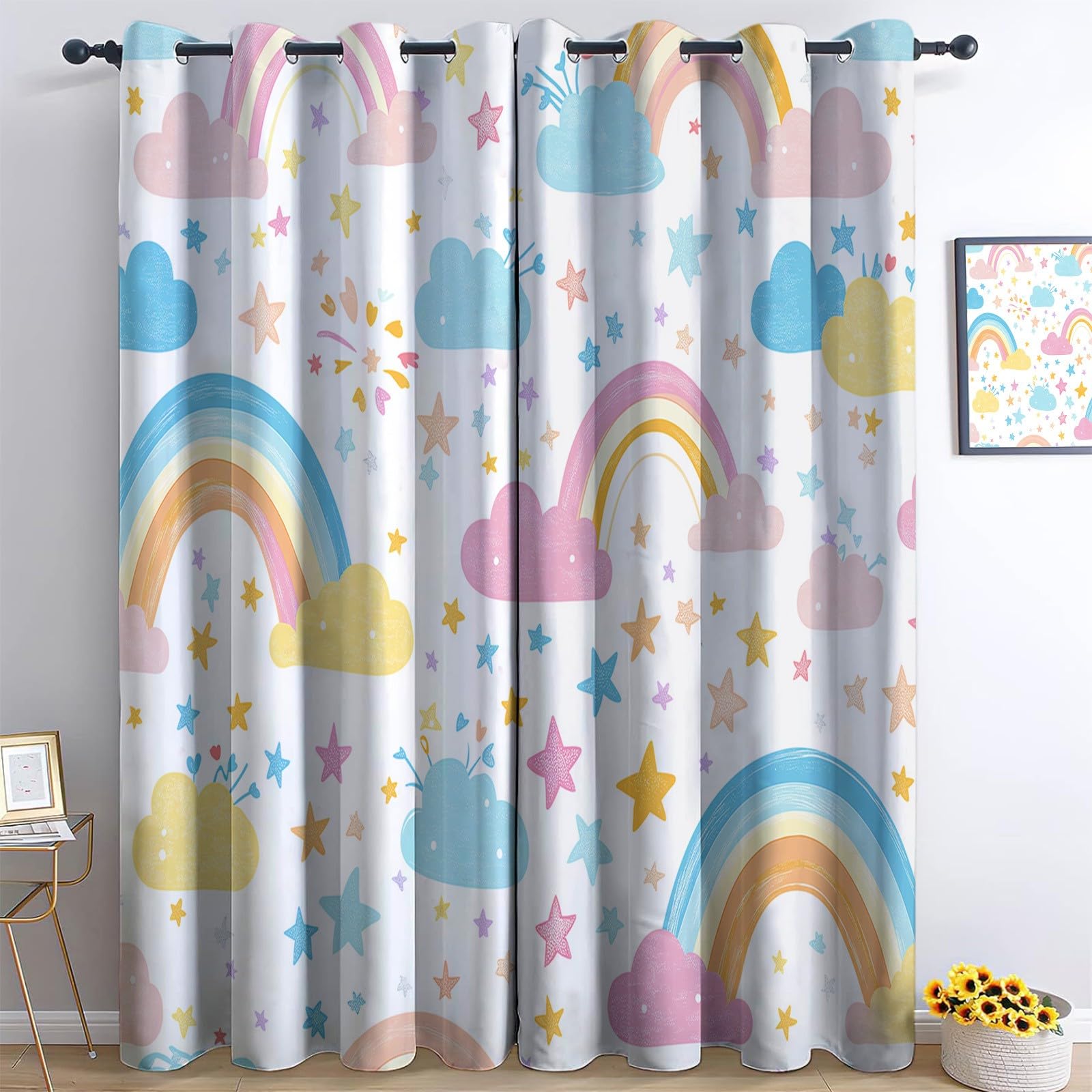 Arc en Ciel Nuages Étoiles Rideau Occultant, Blanc Rideau Thermique Isolant Tenture Opaque à Oeillets Draperies IntéRieurs pour Chambre Salon Décoration 2 Panneaux 92L x 214H cm