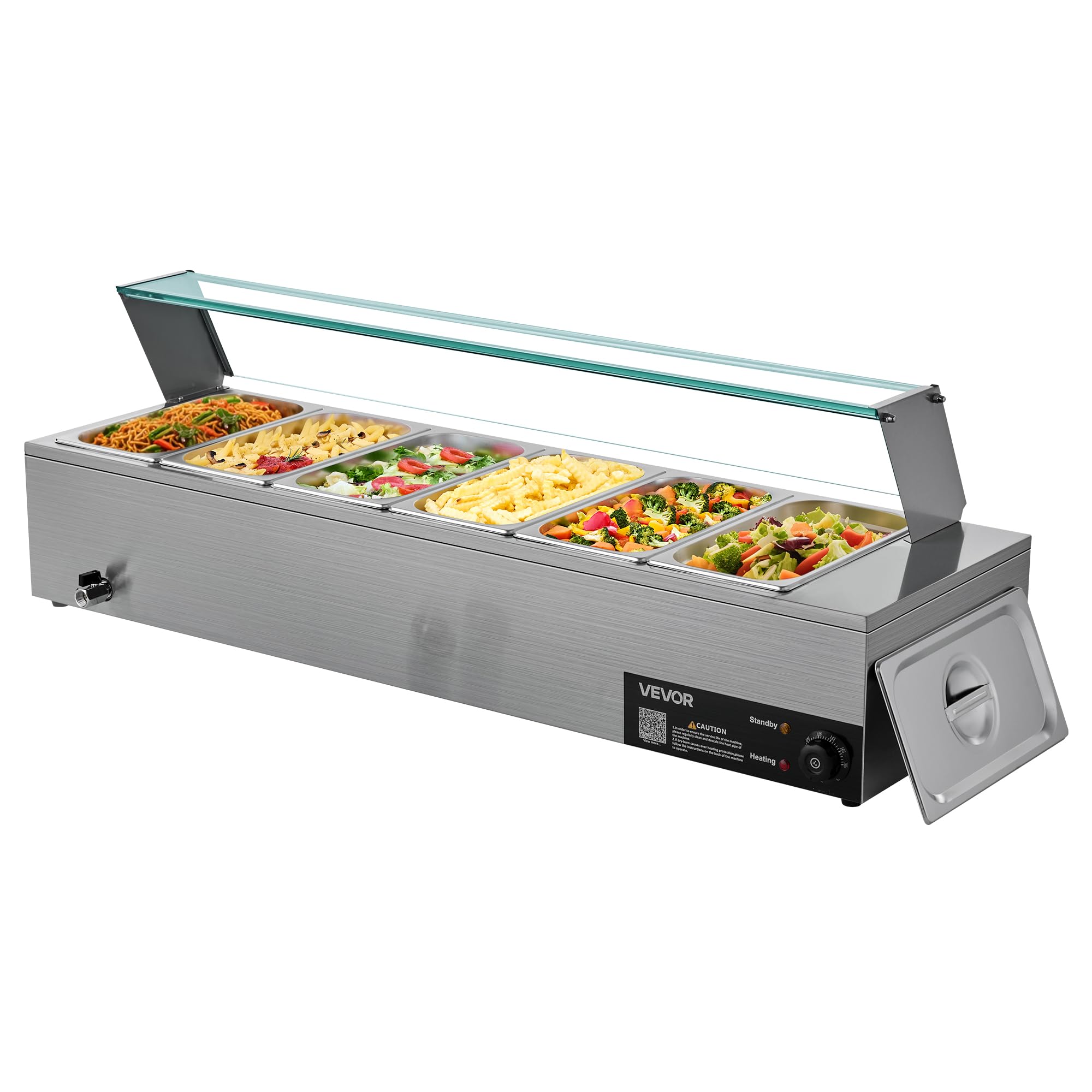 VEVOR Scaldavivande Commerciale, Scaldavivande Elettrico in Acciaio Inox da 1500 W con Coperchio in Vetro, Bagnomaria da Banco a 6 Teglie da 1/3, con Zuppa e Mestoli Forati, per Ristoranti