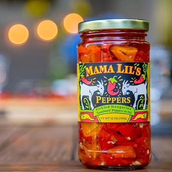 Mama Lils Mildly Spicy Pickled Peppers in Oil, 12 oz Hand-Packed Hungarian Goathorn Peppers, Savory Herb & Garlic Oil, NON-GMO, Gourmet Condiment