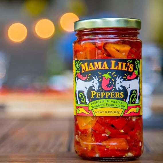 Mama Lils Mildly Spicy Pickled Peppers in Oil, 12 oz Hand-Packed Hungarian Goathorn Peppers, Savory Herb & Garlic Oil, NON-GMO, Gourmet Condiment