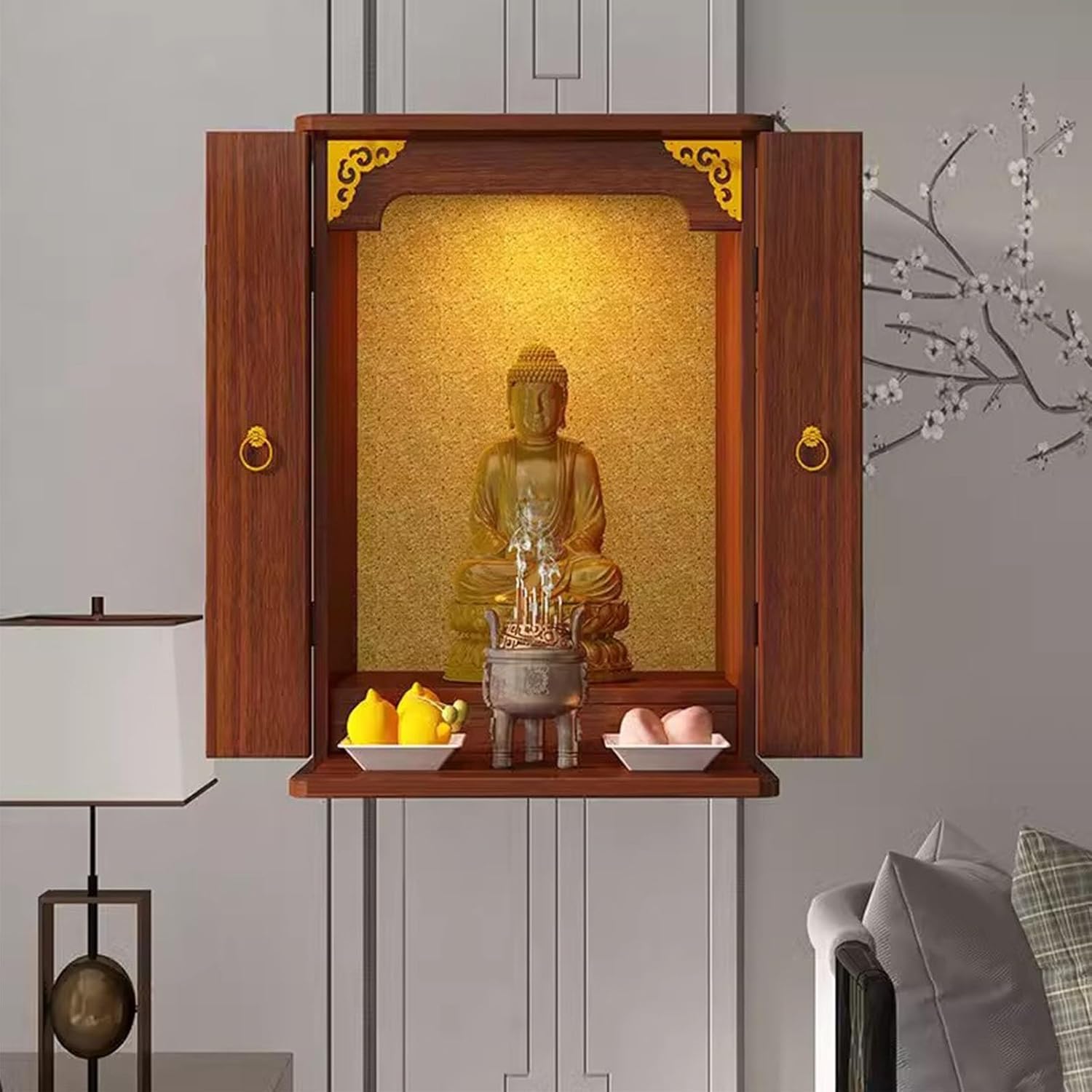 Wood Wall Mounte Altar Table with Door,Chinese Buddhist Prayer Table,Personal Shrine Buddhist Altar, Offering Tables with Storage for Small Spaces(Yellow,34cm/13.4in)