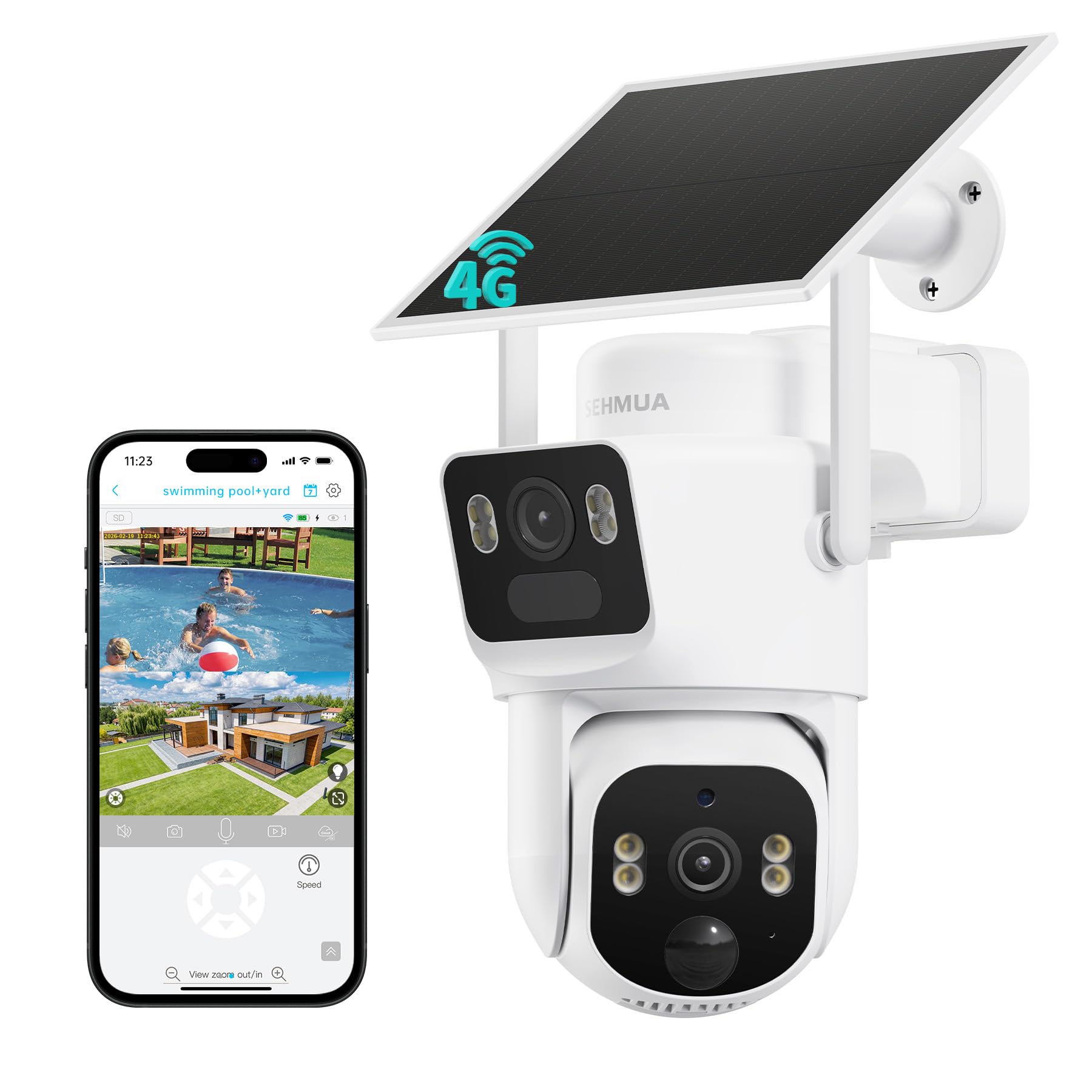 SEHMUA Cámara 4G Exterior Solar con Tarjeta Sim（Doble Lente） 2K+2K | Cámara de Vigilancia Inalámbrica con Detección Humana por IA, Alarma de Luz y Sonido, Visión Nocturna a Color, PTZ 360°, IP65