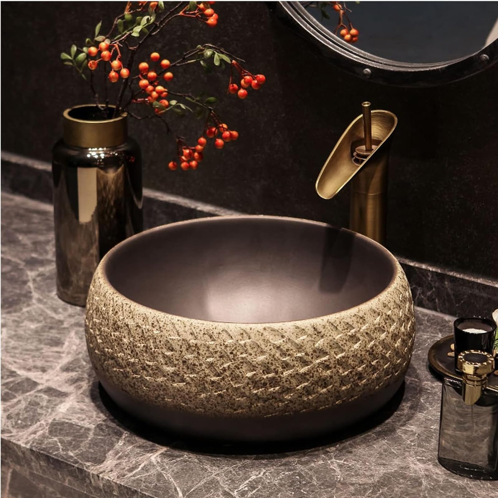 TIANQIHAO Vintage Vessel Sink,Round Bathroom Sink Bowl,Above Counter Porcelain Ceramic Art Basin With Faucet And Pop-Up Drain