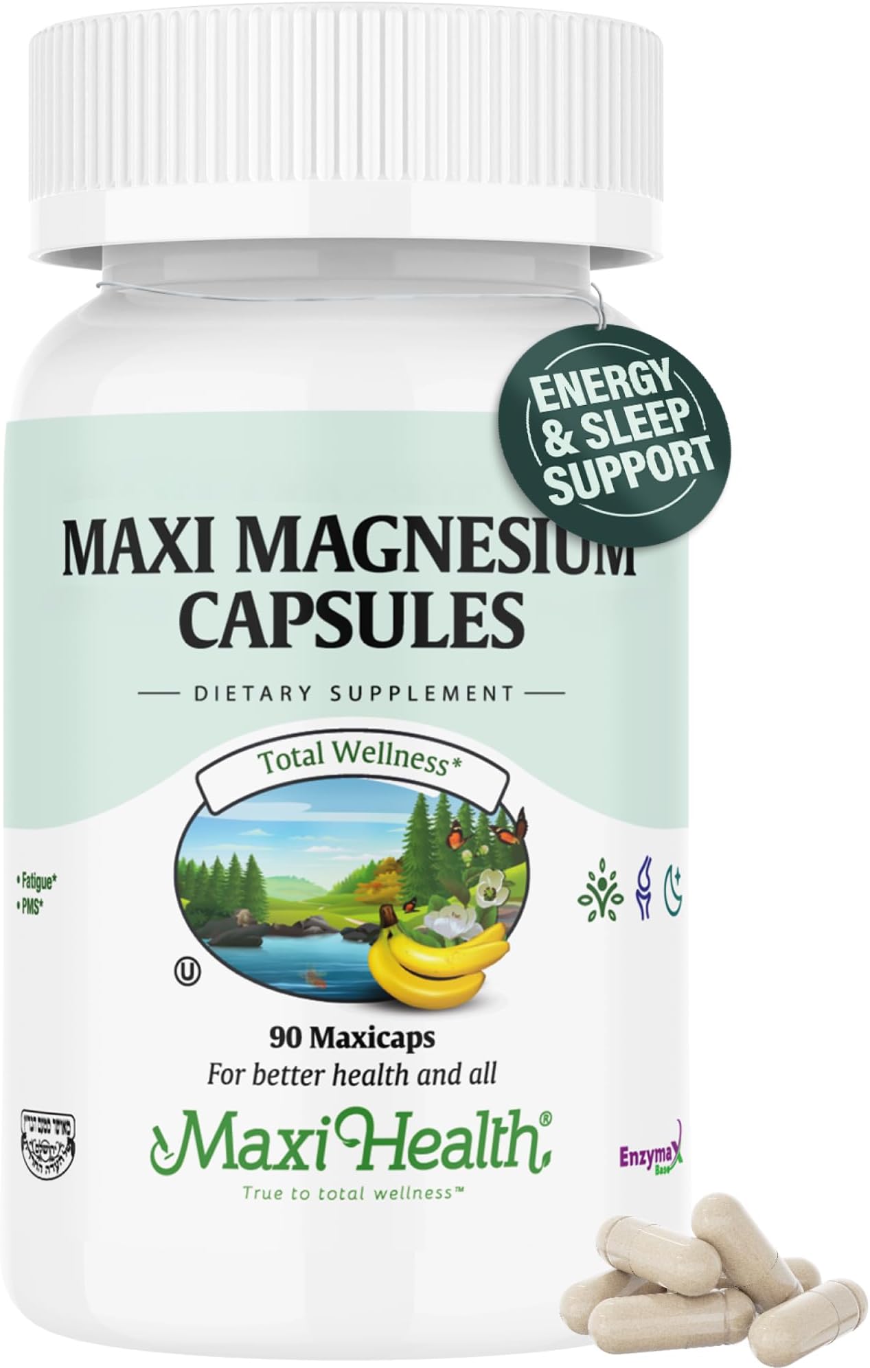 Maxi Health Kosher Health Energy Production Bone & Nerve Support Magnesium Capsules, 90Count (MMC)