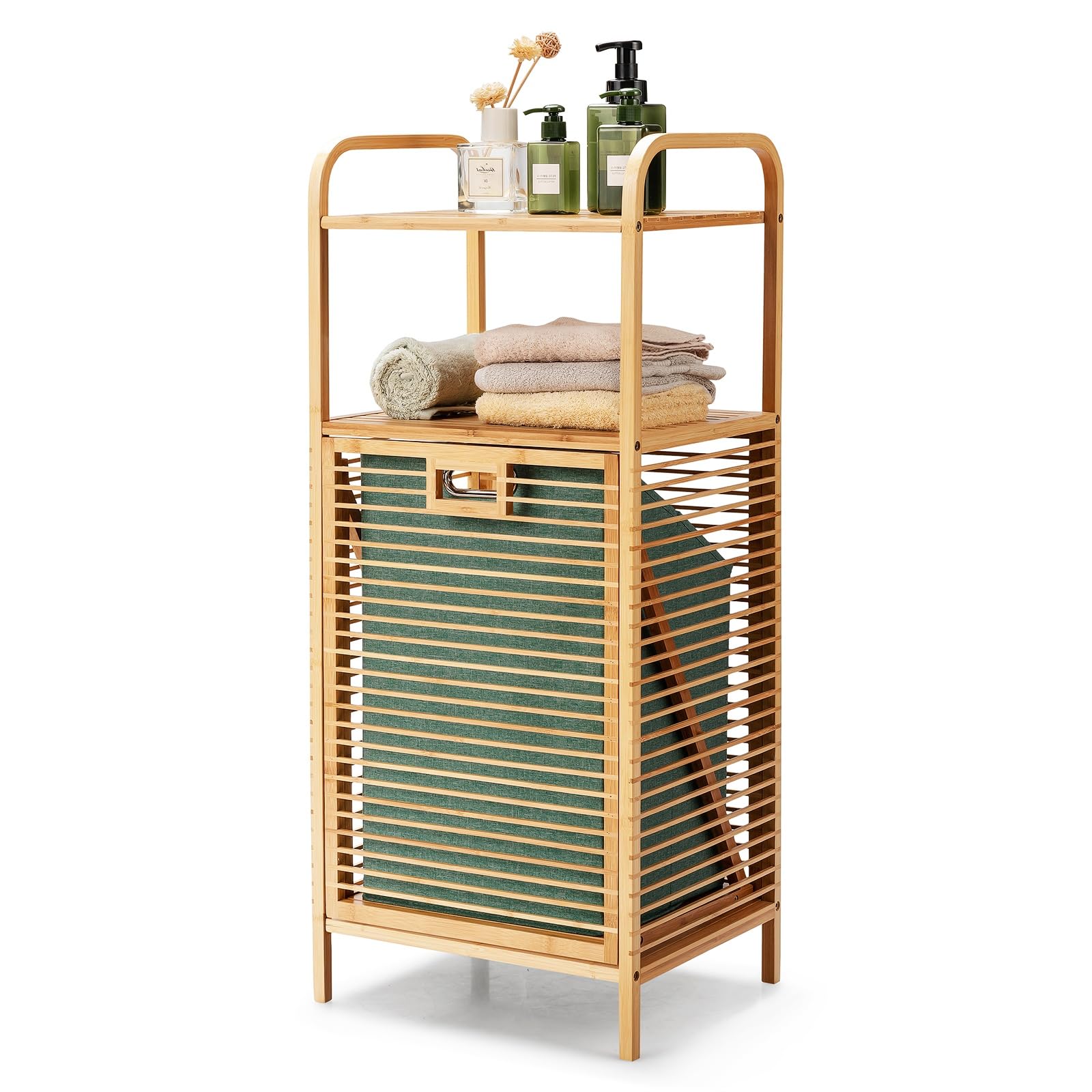 LIFEZEAL Mobile Biancheria Sporca e Mobiletto Bagno, Lavanderia, Cesto Portabiancheria a 1 Scomparto, con Sacco Rimovibile, Cesta Estraibile, Telaio in Bambù, Piano Portaoggetti, 40,5x33x95,5cm