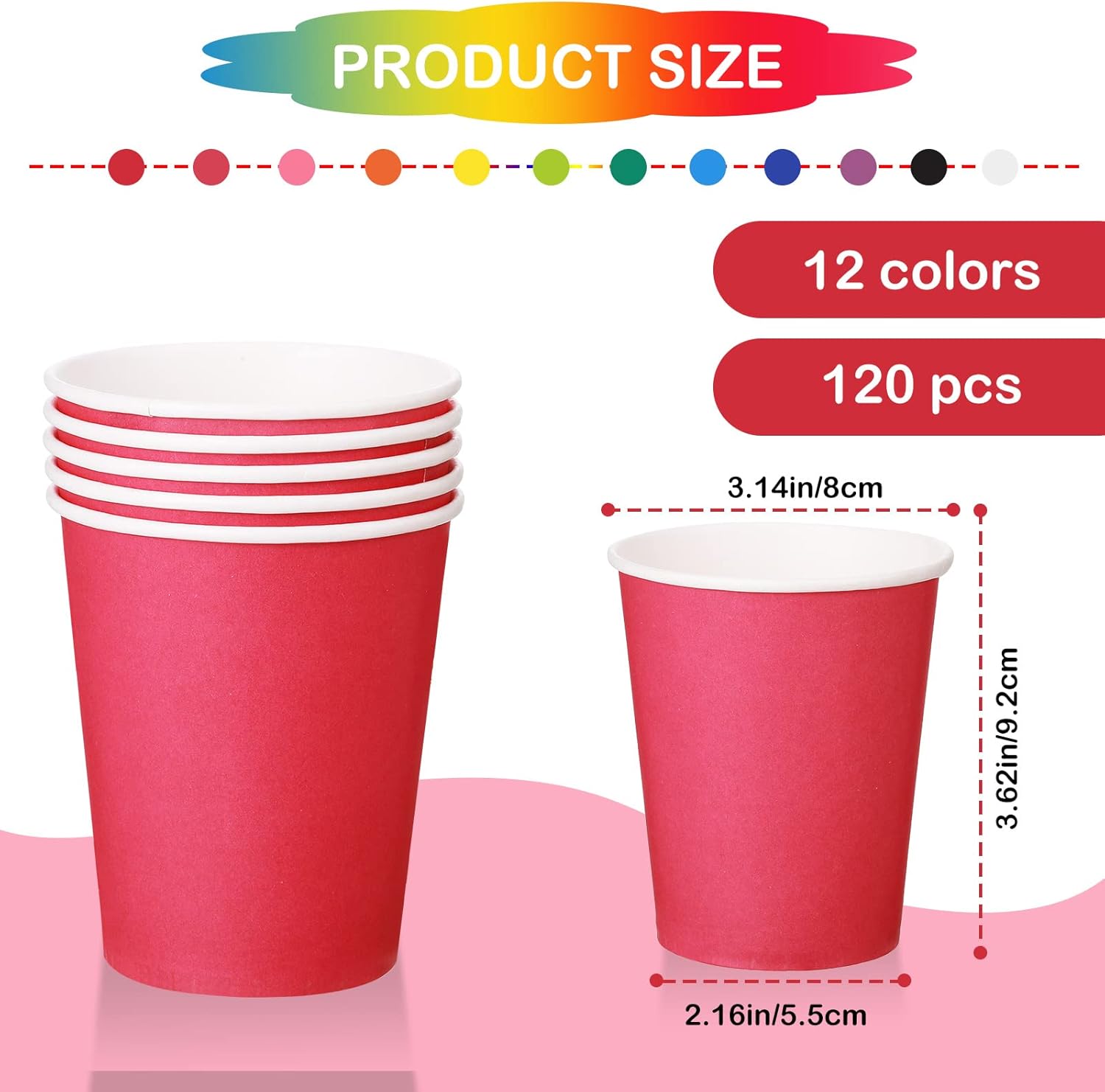 Sawysine 120 Pieces Paper Cups 8 oz 12 Colors Paper Party Cups for Cold Drinks Multicolor Drinking Cups for For Wedding, Party, Picnic, BBQ, Travel, and Event - Image 2