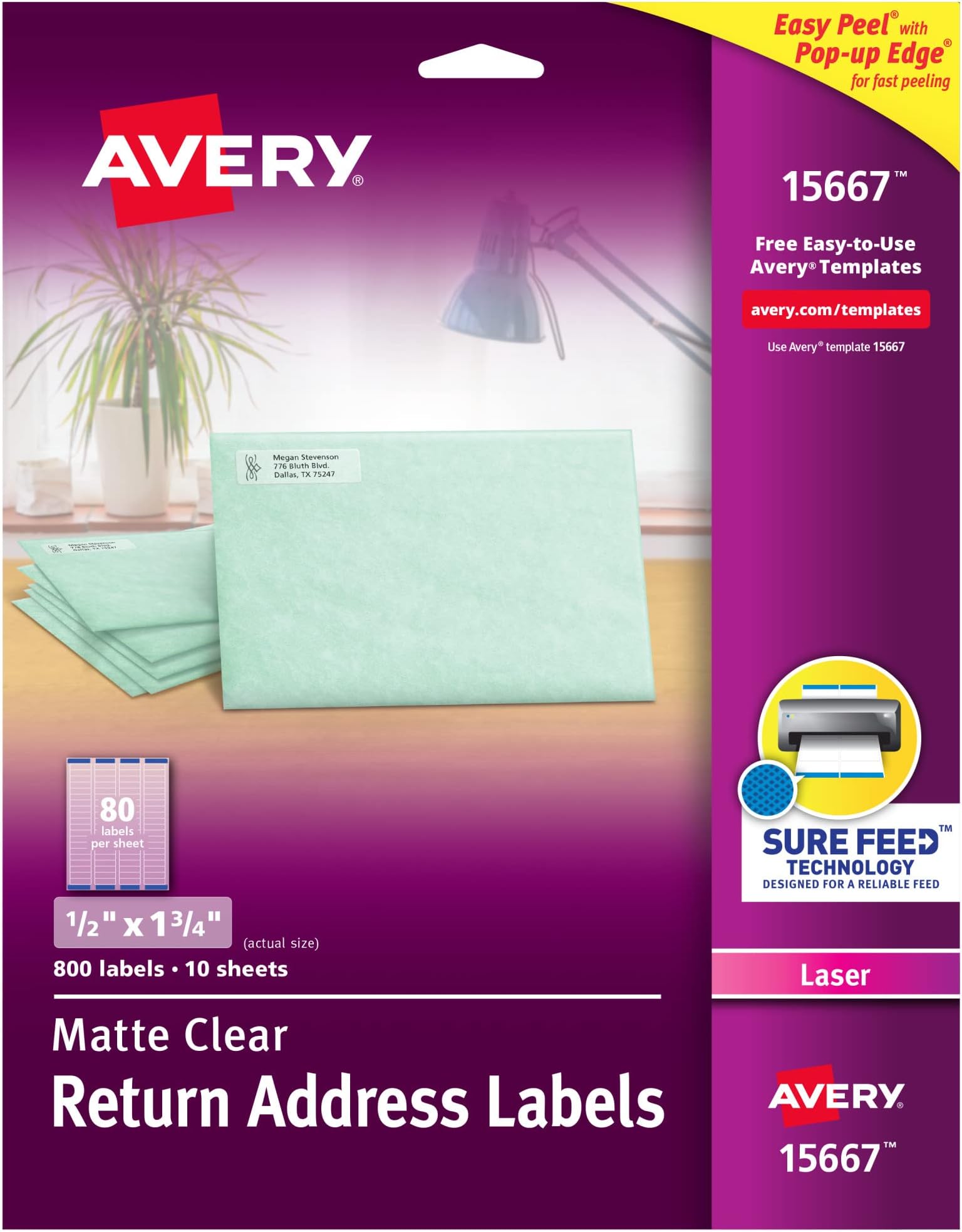 Printable Return Address Labels with Sure Feed, 0.5" x 1.75", Matte Clear, 800 Blank Mailing Labels (15667)