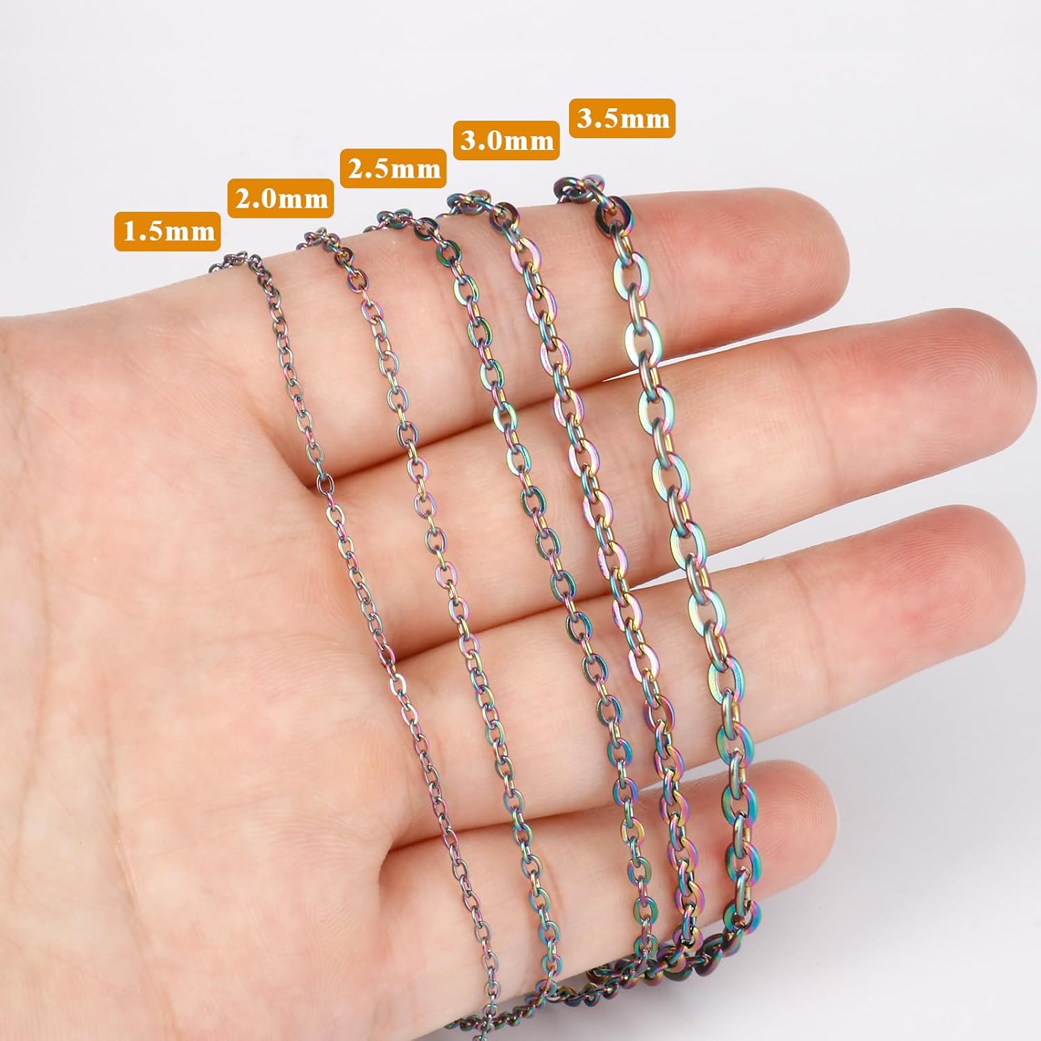 66 Feet Colorful Stainless Steel Cable Chains Bulk, 1.5 mm 304 Stainless Steel Multi Color Flat Cable Links Chain Roll Spool for Jewelry Making DIY Craft