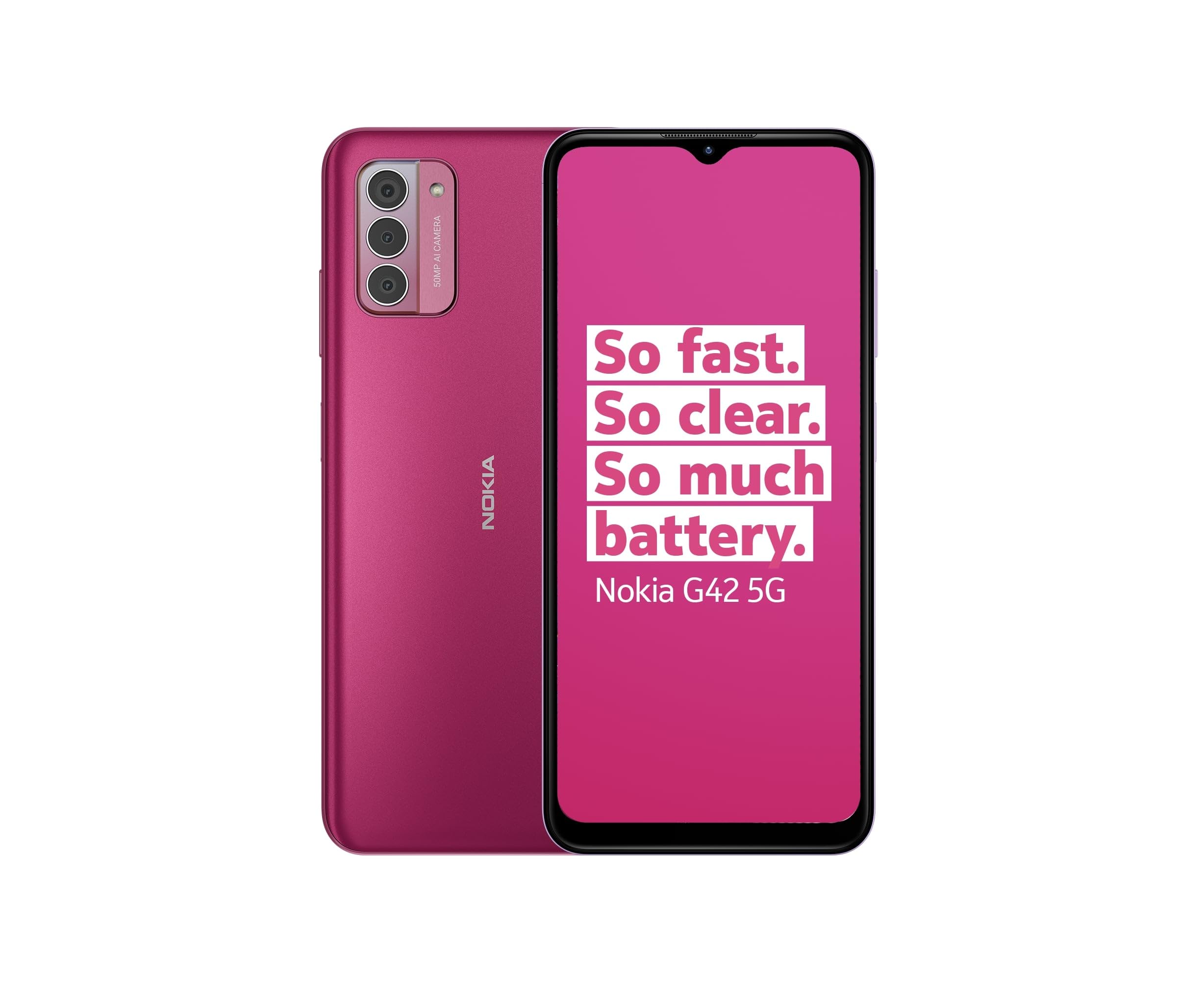 Nokia G42 5G 6.56” HD+ Smartphone Featuring Triple rear 50MP AI camera, 6GB/128GB Storage, 3-day battery life, Android 13, OZO 3D audio capture, QuickFix repairability and Dual SIM - Pink