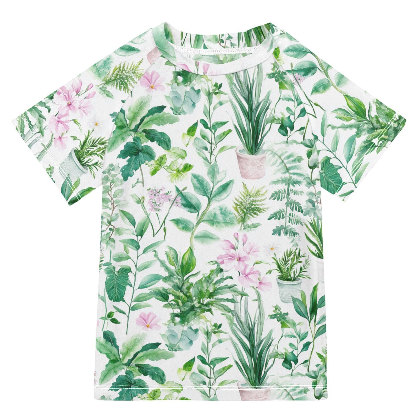 Boys Rash Guard Short Sleeve Swim Shirts for Boys Green Plants Watercolor Sun Protection 7-8T