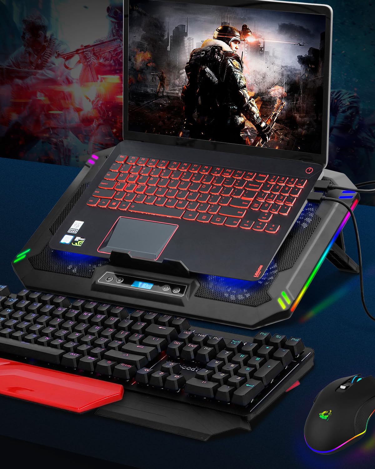 AFI Electronics Laptop Cooling Pad, 5 Leise Lüfter Gaming Laptop Kühler für 11-17 Zoll, RGB LED, LCD Display, 6 Lüftergeschwindigkeiten, 8-Höhenverstellbarer Ständer, Dual USB-Anschlüsse, Notebook