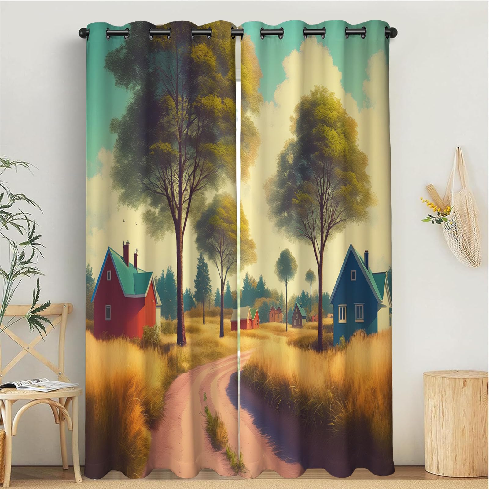 Rideau occultant thermique motif village et routes, lot de 2