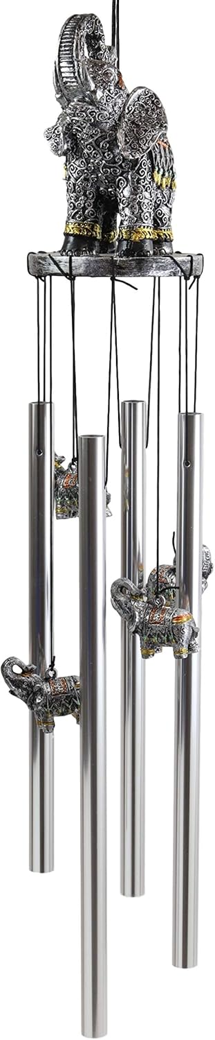 Ebros Gift Feng Shui Zen Noble Thai Buddha Trunk Up Elephant with Filigree Design Figurine Crown Top Resonant Wind Chime with Miniature Ornamental Elephants for Garden Patio Home Decorative Accent