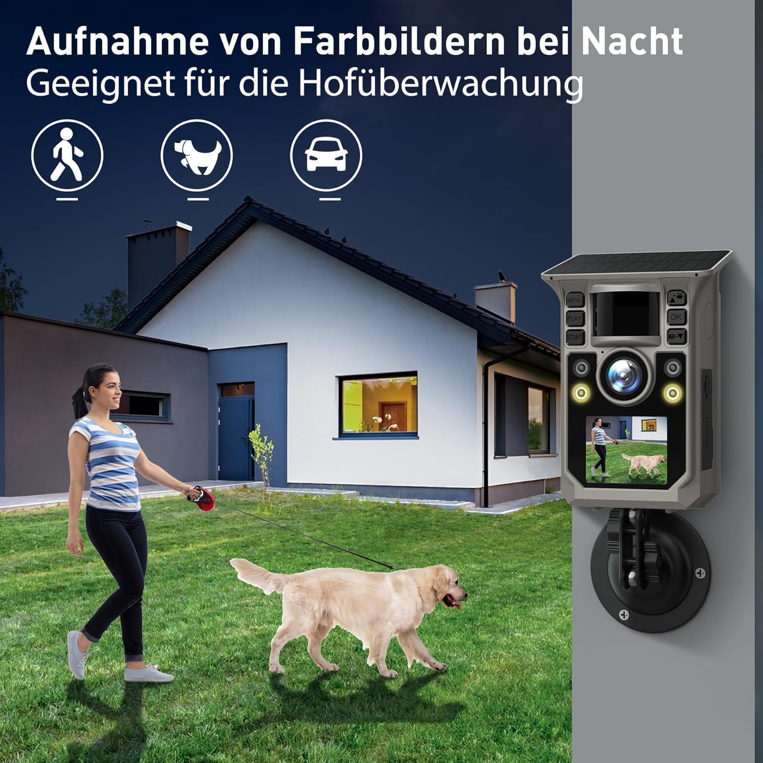 Wildkamera mit Handyübertragung APP, Solar WLAN 4K HD Video 64MP Eingebaute 7500mAh Wiederaufladbare Batterie, Vollfarbige Nachtsicht, 32GB Speicherkarte, IP67 Wasserdicht, 130° Weitwinkel
