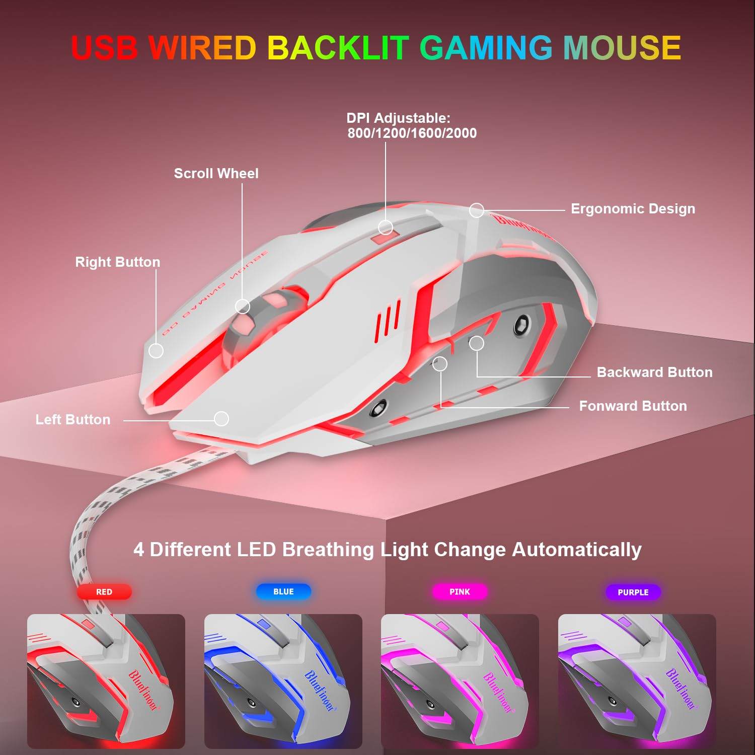 BlueFinger Tastiera da gioco RGB e mouse retroilluminato, con cavo USB, set da gioco a LED per laptop, PC, giochi e lavoro (bianco e rosa)