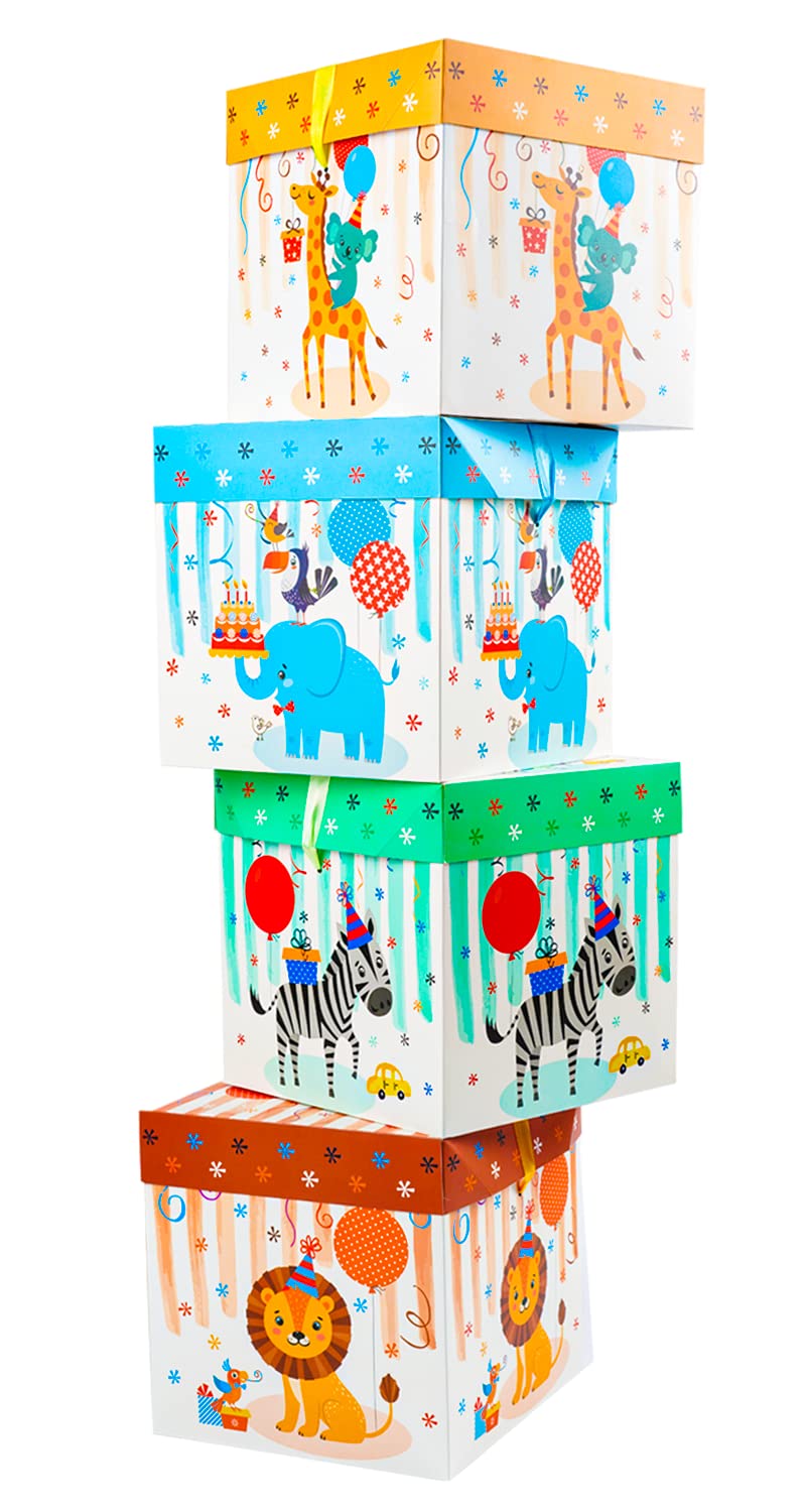 Elephant-package 8.7" Medium Kids Birthday Gift Box with Lid and Ribbon, Collapsible Gift Box for Toys- 4 Pcs (Colorful Animals), Party Favor, Baby Shower, Boy's Girl's Kids Presents