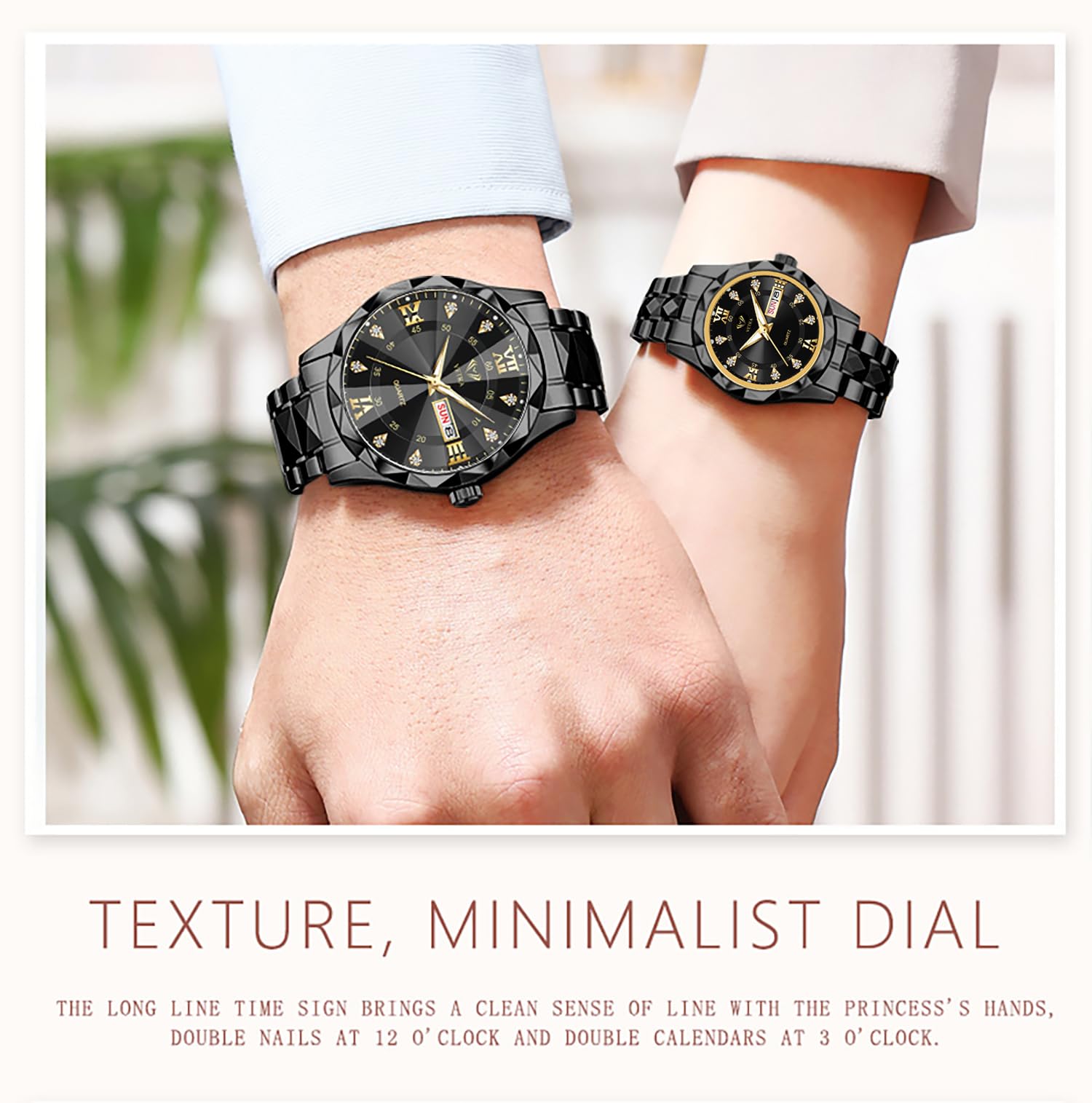 Vetra Juego de 2 relojes de pulsera para él y para ella, regalos para amantes, Correa negra y esfera negra | Romántico de San Valentín, lujo, diamante, acero inoxidable, fecha de día, luminoso, resistente al agua