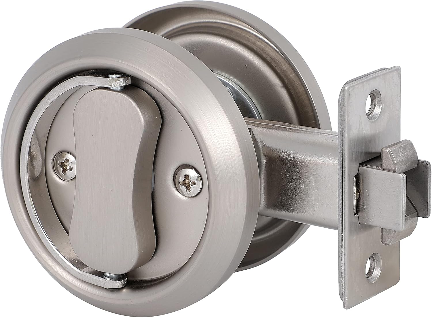 Pocket Door Hardware, Silver Entry Pocket Door Lock with Key, and Ring Pull Function, 2 3/8" Backset, Round Sliding Pocket Door Lock for Bed/Bath, Brushed Satin Nickel