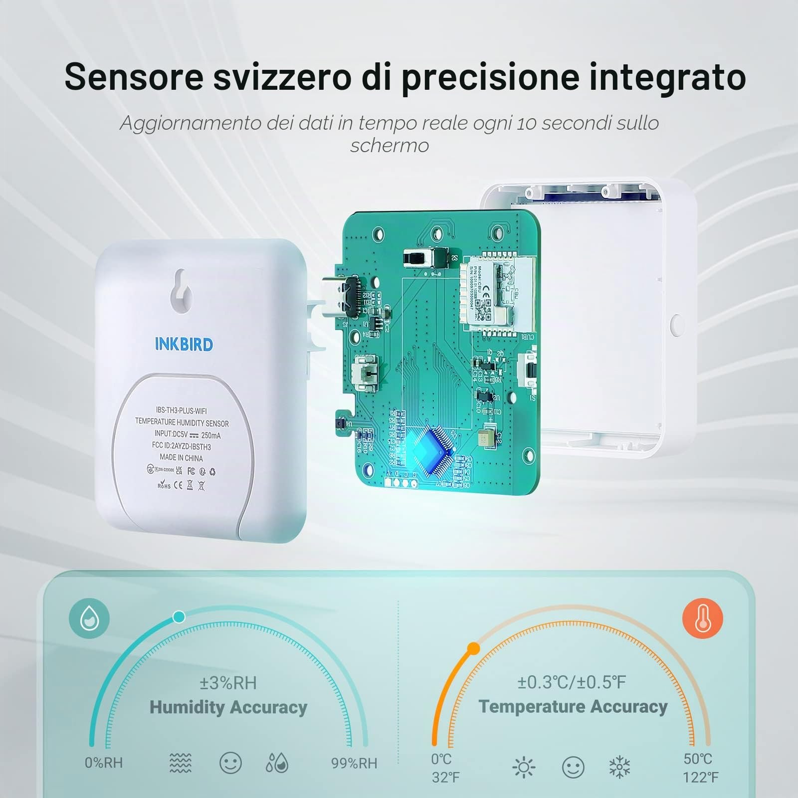 Inkbird Termometro Igrometro WiFi,IBS-TH3-PLUS Sensore di Temperatura con LCD Display,APP Controllo,Alert Notification,Termometro Ambiente Interno per Camera Serra Garage Cantina di Vini