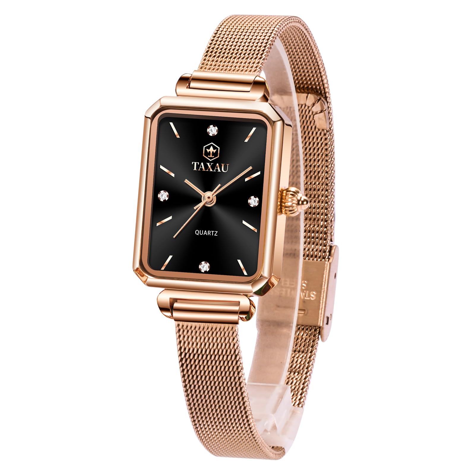 Taxau Rose Gold Square Watches for Women Luxury Diamond Women Watch Analog Quartz Stainless Steel Women's Wrist Watches Waterproof Business Dress with Black Face Casual Ladies Watch